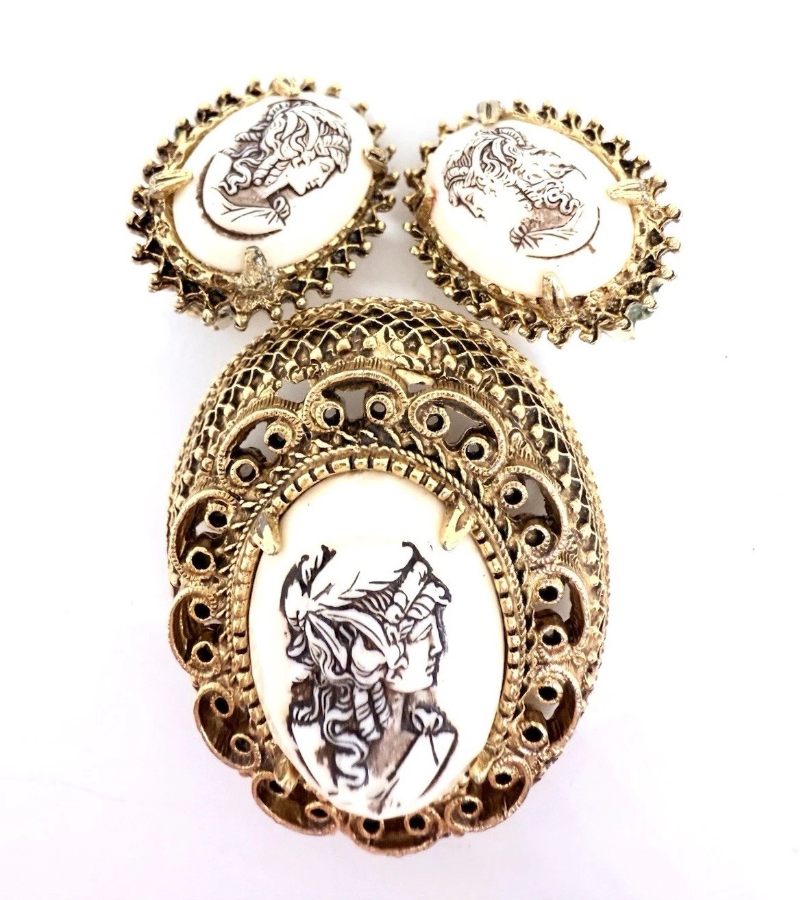 FLORENZA Ornate Cameo Brooch & Earrings Demi Signed Vintage Jewelry