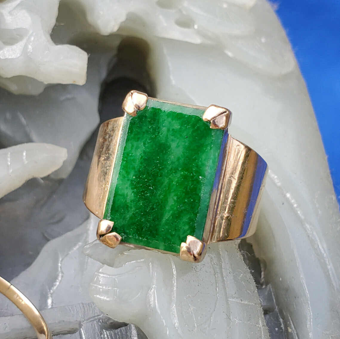 Original EARTH MINED Jadeite JADE Antique Engagement Ring Deco SOLID 18K GOLD 6