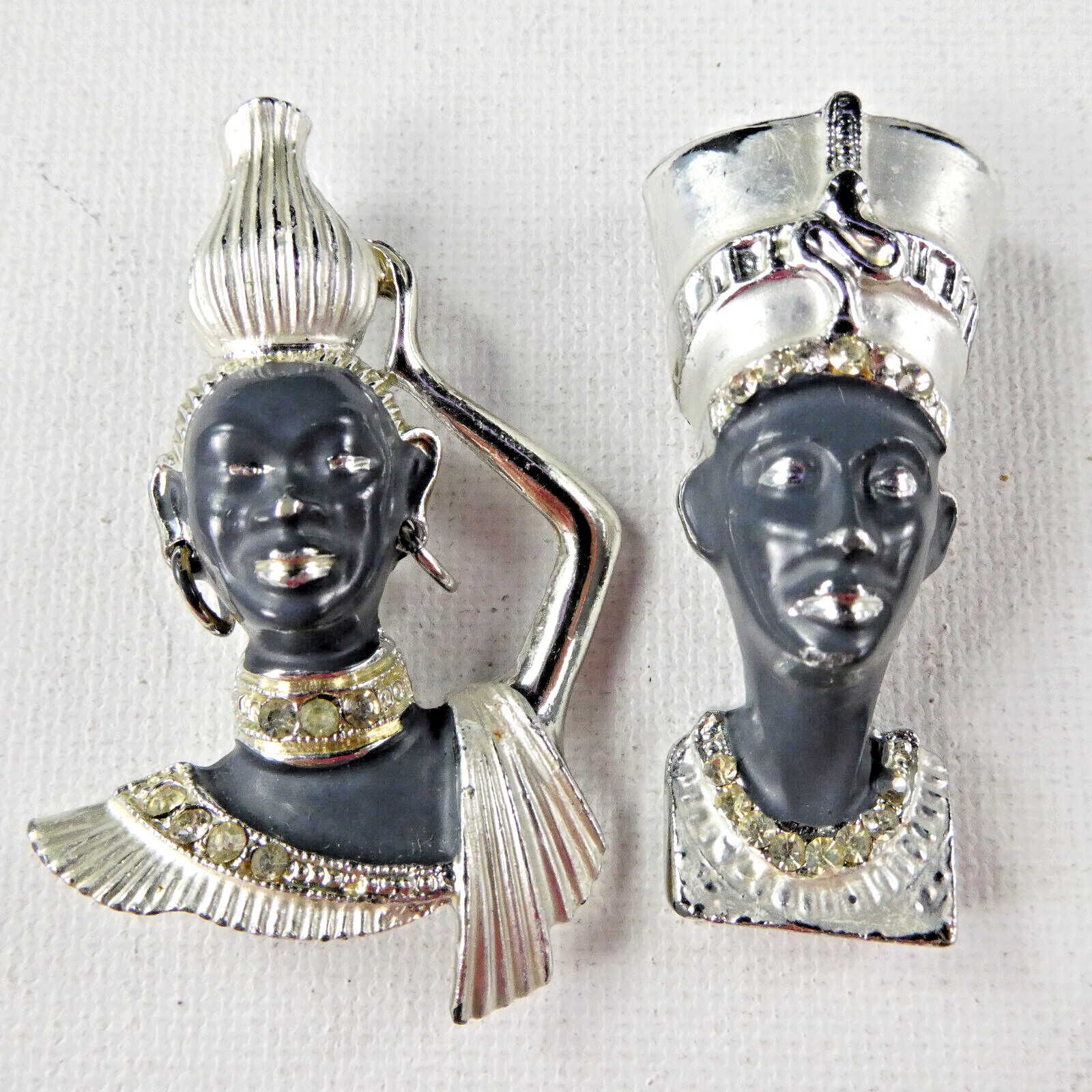 Vintage African Ethnic Pair Pin Brooch Set of 2 Gray Enamel Faces Crystal