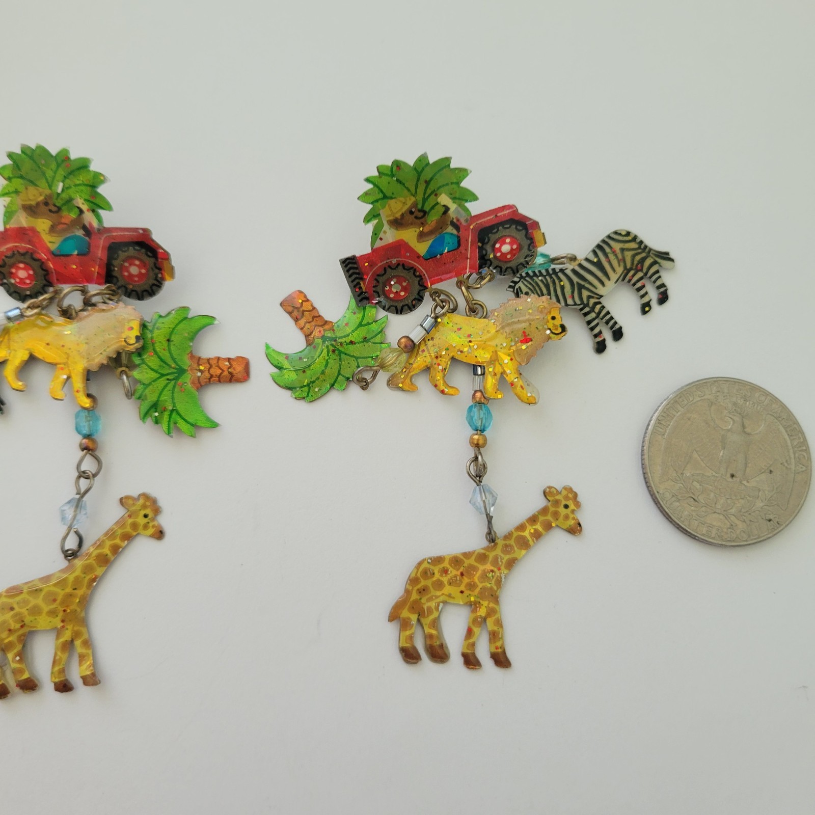 Vtg Dangle 3″ Earrings Truck Lion Zebra Tree Giraffe Sarfari Animal Jewelry