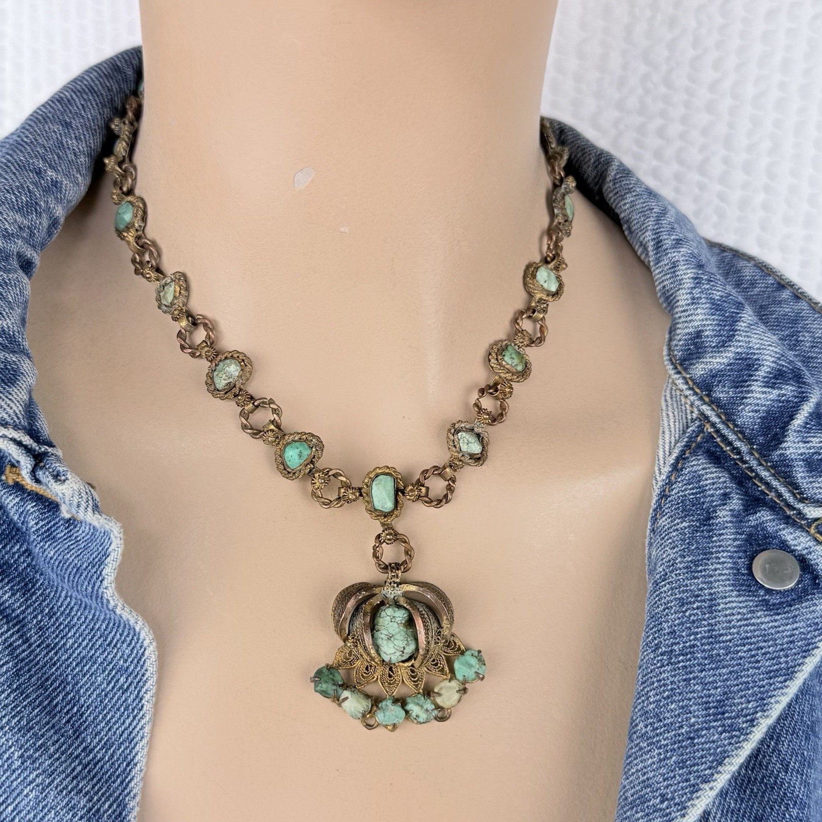 Vintage Possibly Antique Chinese Import Filigree Turquoise Pendant Necklace