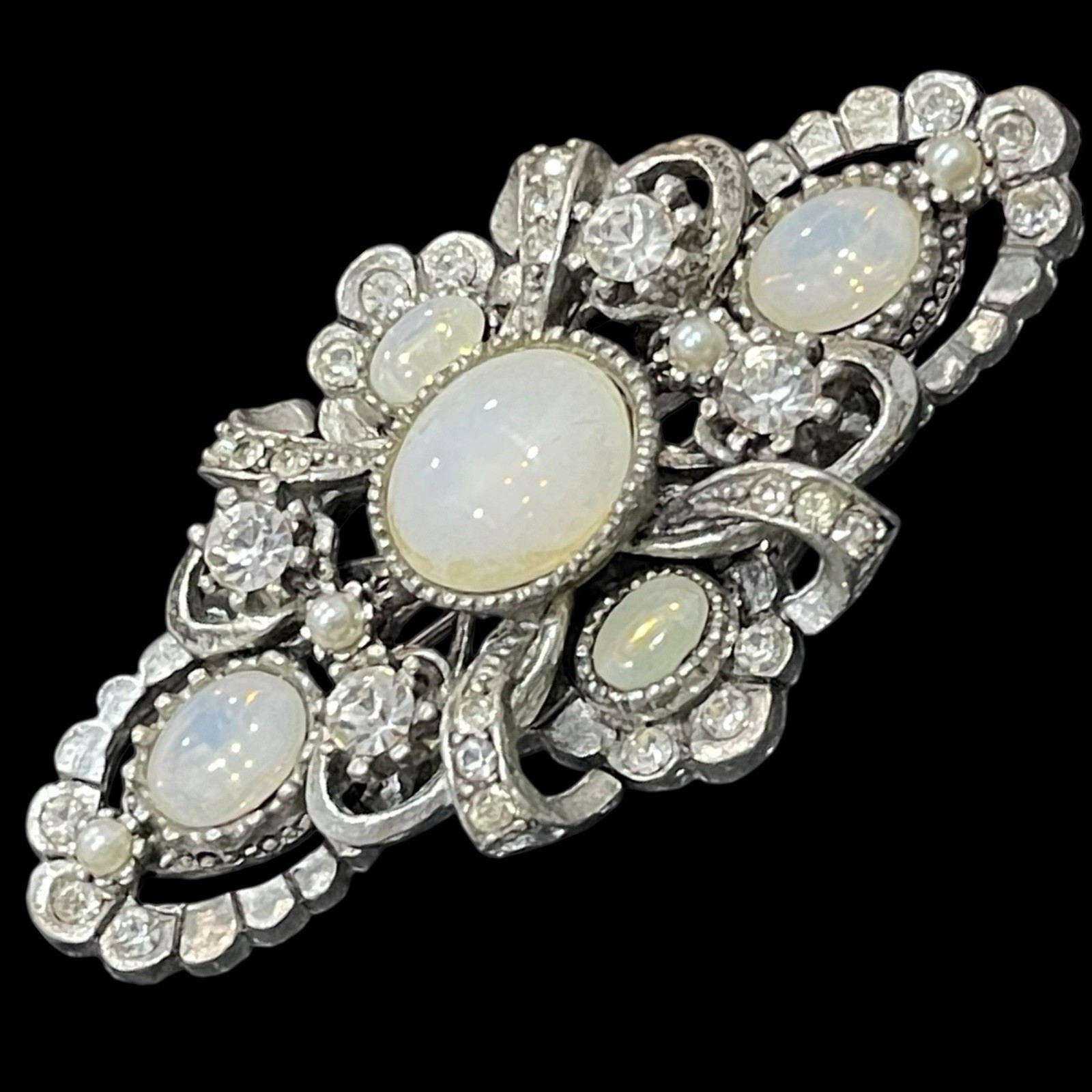 Vtg Opaline Glass Brooch Cabochon Stone Collar Pin Regal Style Antique Moonglow