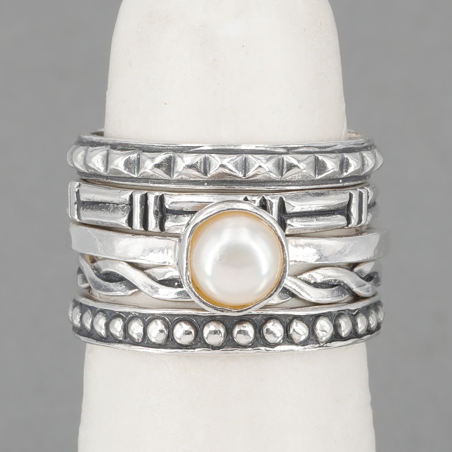 Vintage Shube’s for Silpada Sterling Pearl 5 Stackable Ring Set R1068 HTF Sz 6.5