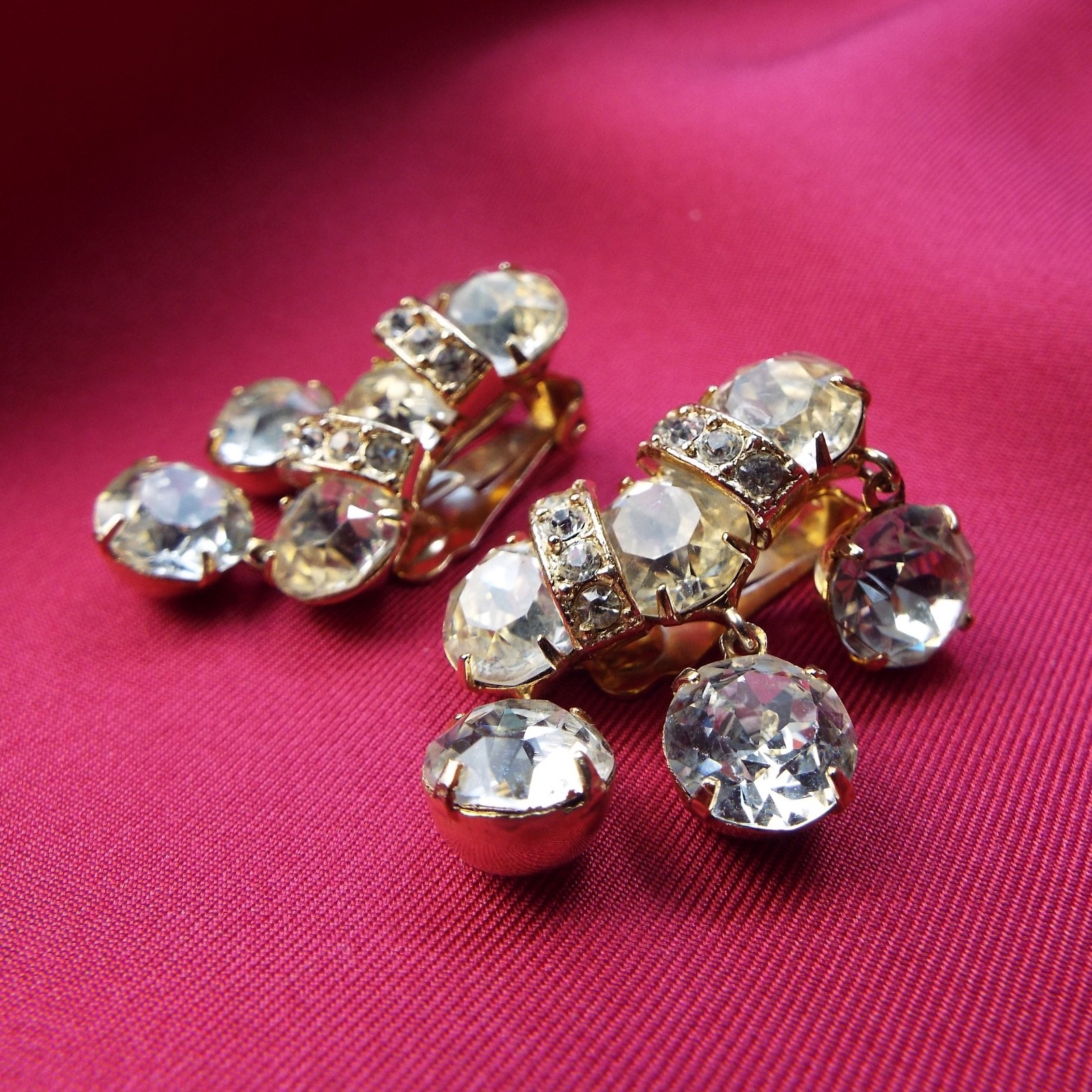 Vintage Mid Century EISENBERG Earrings Clip-On, Clear Crystals, Goldtone, Signed