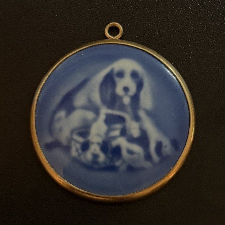 B&G Copenhagen Porcelain Blue Dog Round Charm Pendant Signed Gold Bezel 1970s