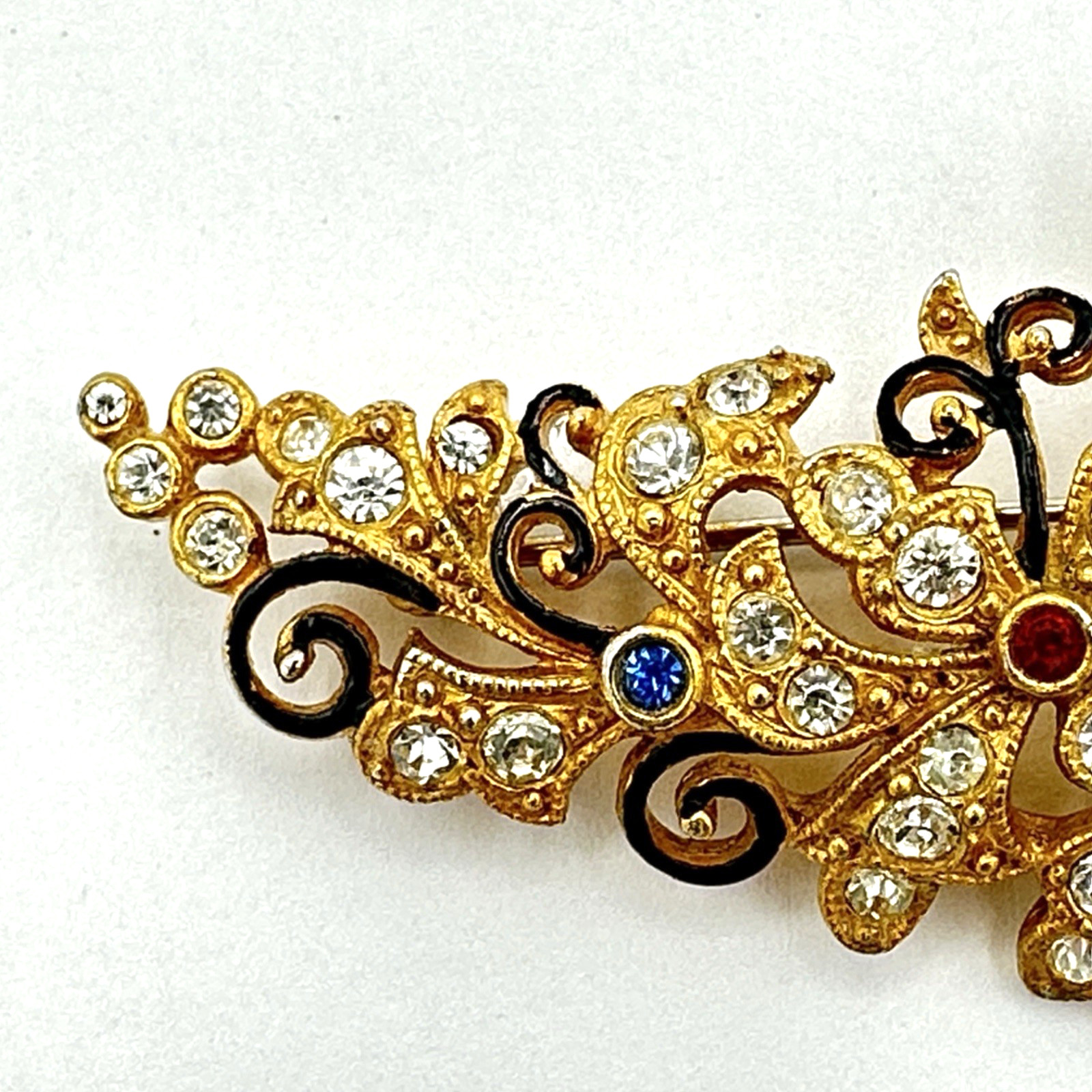FLORAL SPRAY vintage brooch – 1940s pot metal enamel & rhinestone pin – colorful