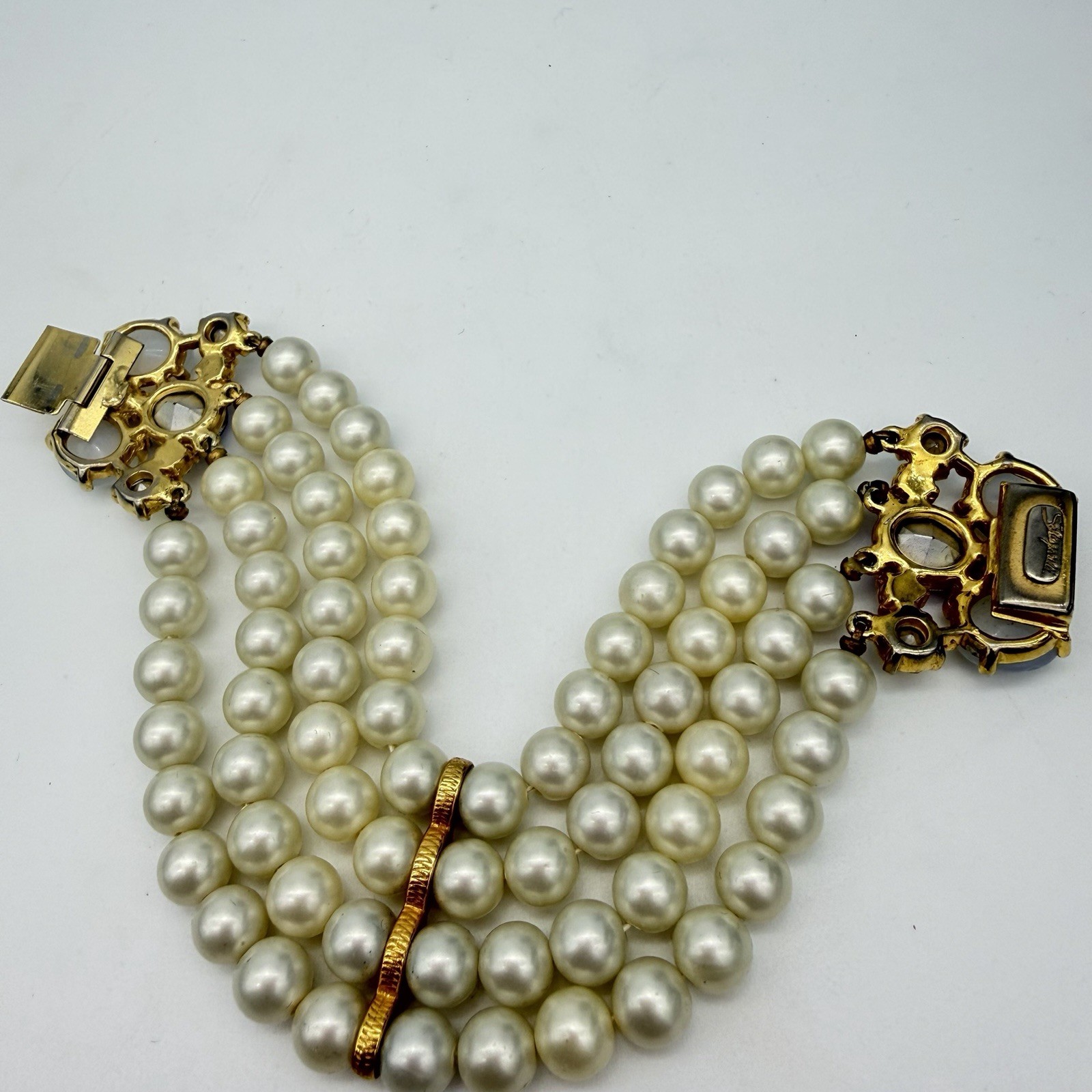 VTG SCHIAPARELLI Signed Bracelet Opaline Pink AB Faux Pearl Statement Rare