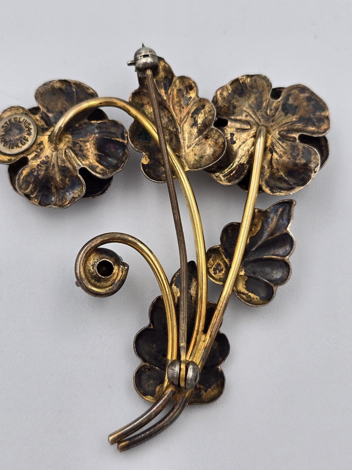 Vintage Sterling Silver 1/20 12K Gold Filled Green Rhinestone Flower Brooch Pin