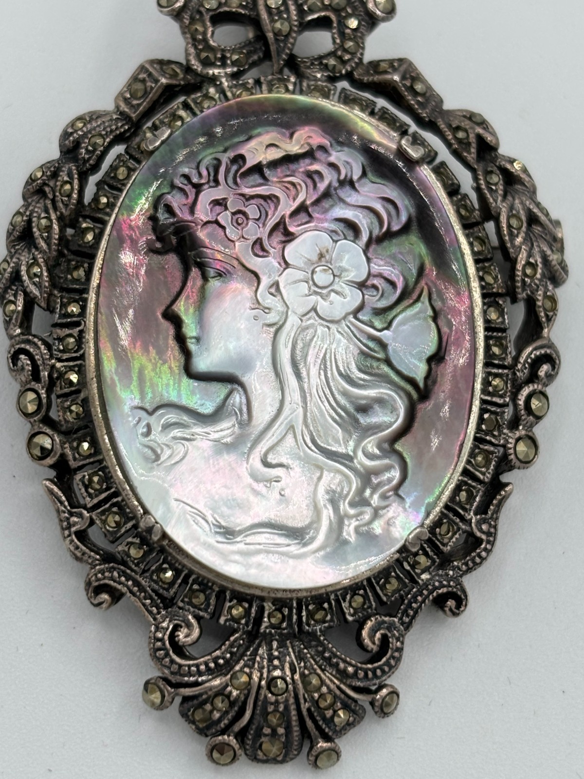 Antique German Art Deco 925 Sterling Silver Marcasite Cameo Brooch Pendant 33.2g