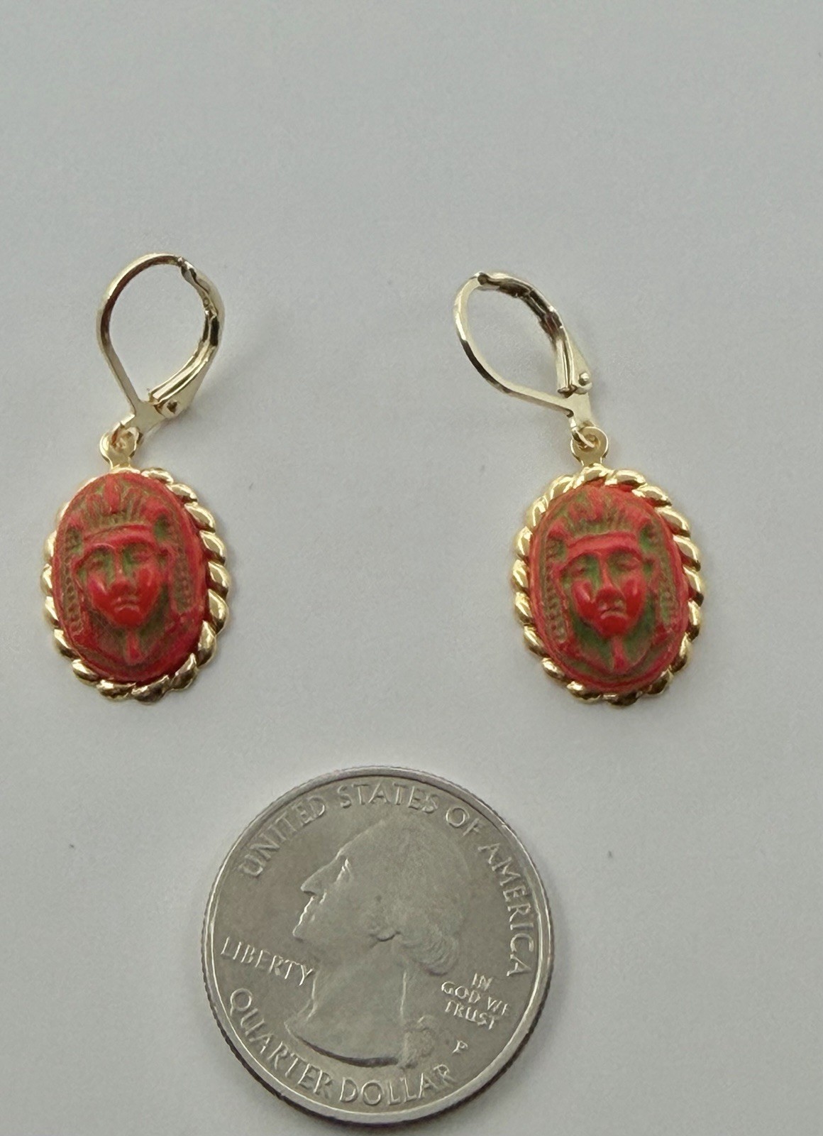 Upcycled Neiger Bros Red & Green Egyptian Pharaoh Face Czech Art Glass Earrings