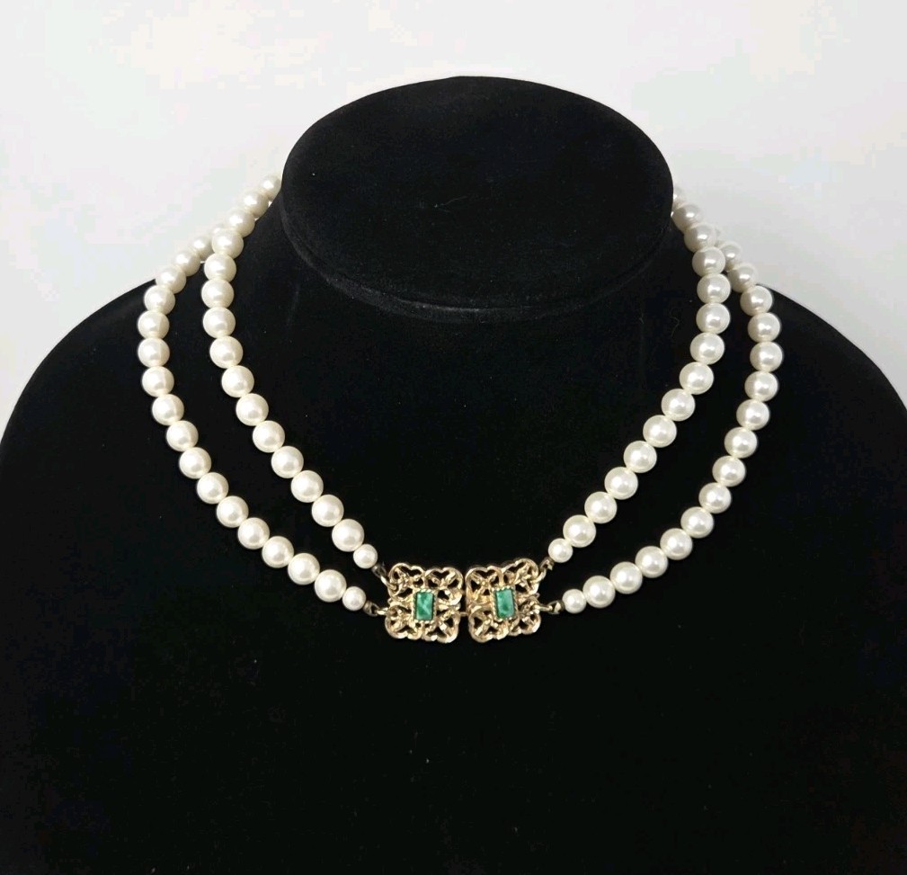 Sarah Coventry Double Strand “High Society” Faux Pearl Necklace Gold Green Clasp