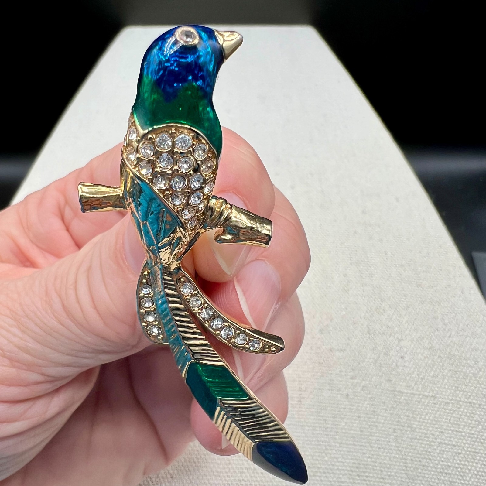 Vintage Blue Green Enamel Bird Brooch Gold Tone Perched Figural Pin Rhinestone