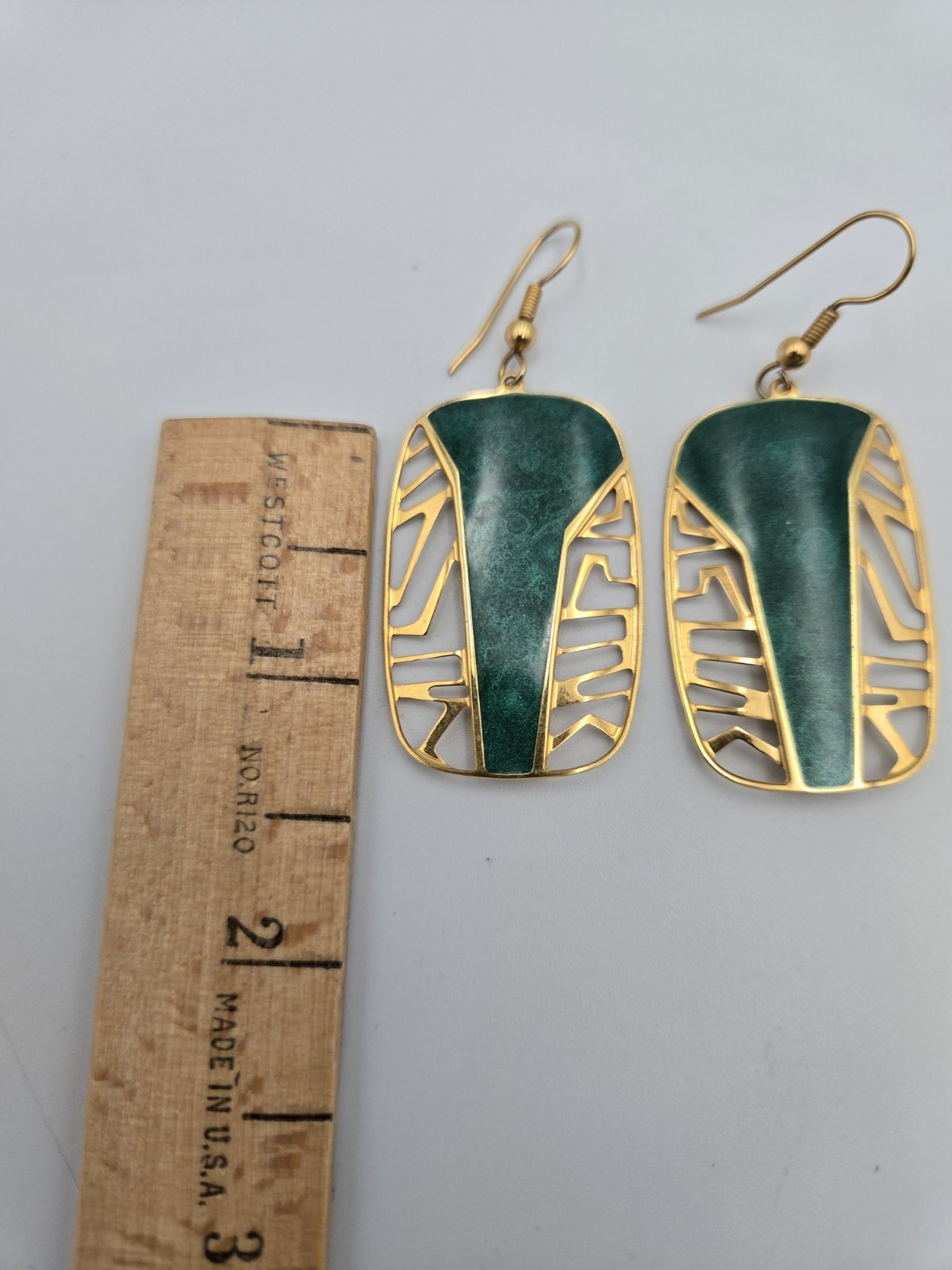 Edgar Berebi Vintage Art Deco Jade Green Enamal Dangling Gold Tone Earrings