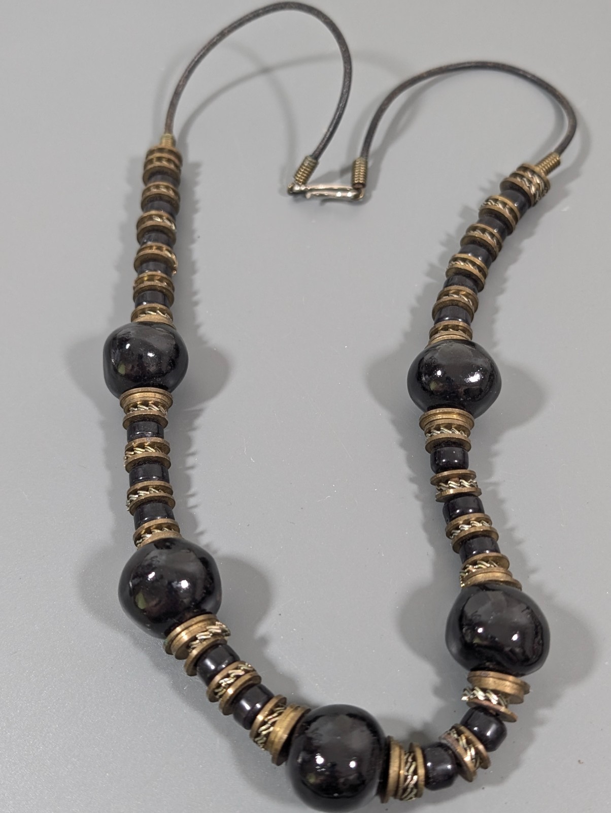 Vintage Black Ceramic Necklace Chunky Beads Bronze Tone Statement Tribal 25 in