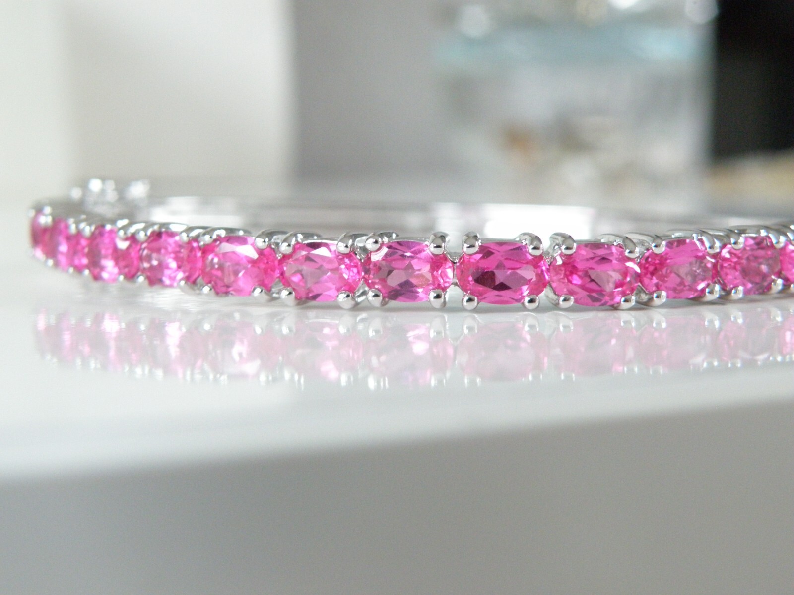 Vintage Sterling Silver 925 Lab Created Pink Sapphire Gemstone Bracelet 7.5″