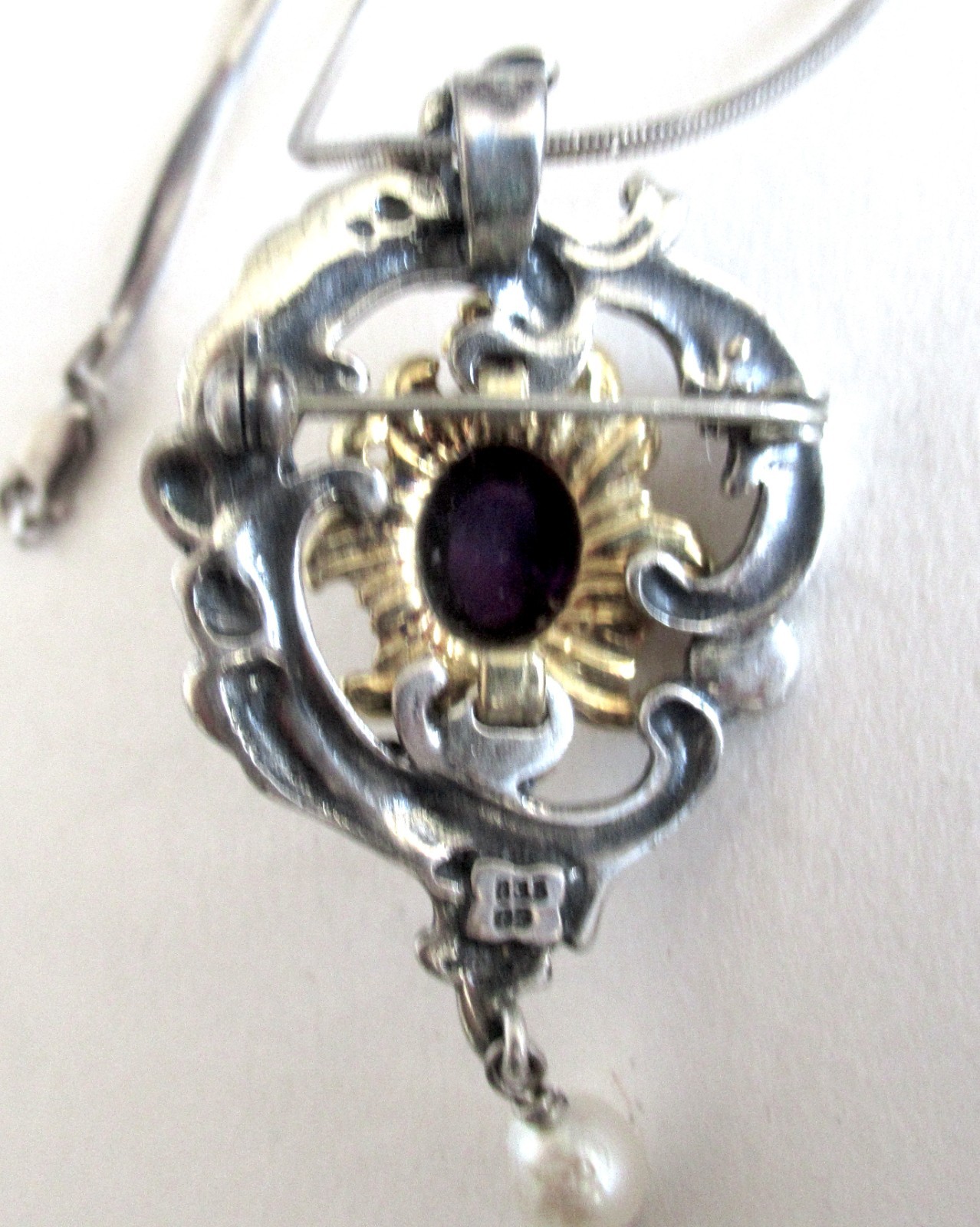 VINTAGE EUROPE 835 STERLING & GOLD PENDANT NECKLACE 2.10 INCHES AMETHYST & PEARL