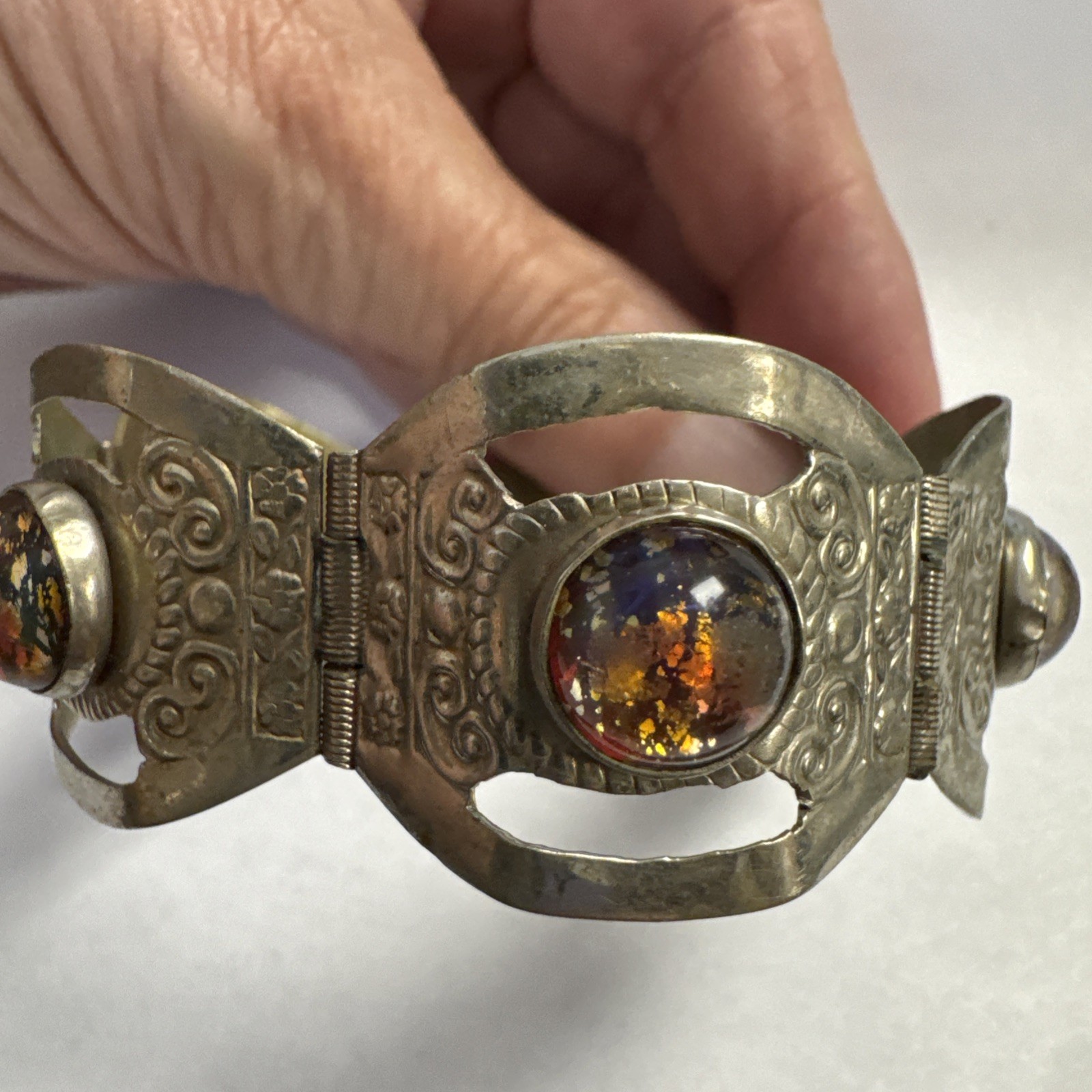 Vintage Mexico Sterling Silver Dragon’s Breath Opal Glass Bracelet