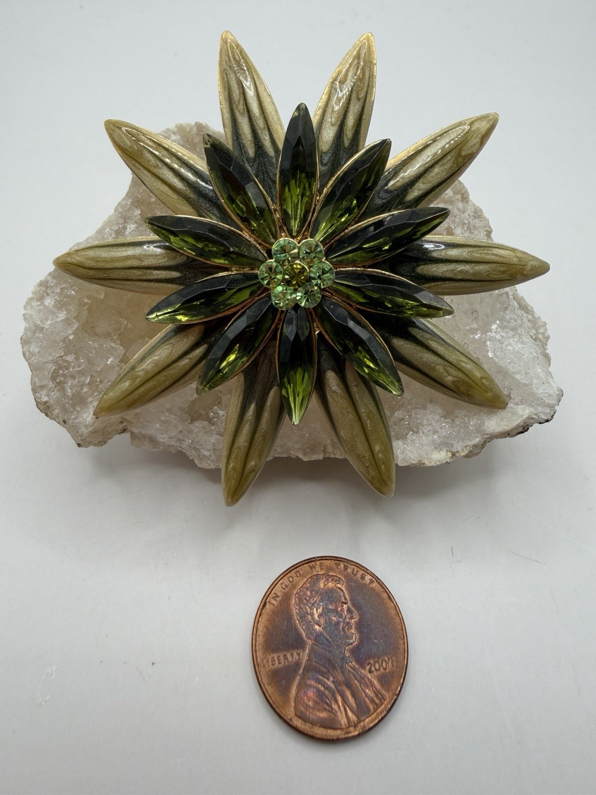 Vintage Olive Green 3-Tier Enamel & Navette Rhinestone Flower Brooch