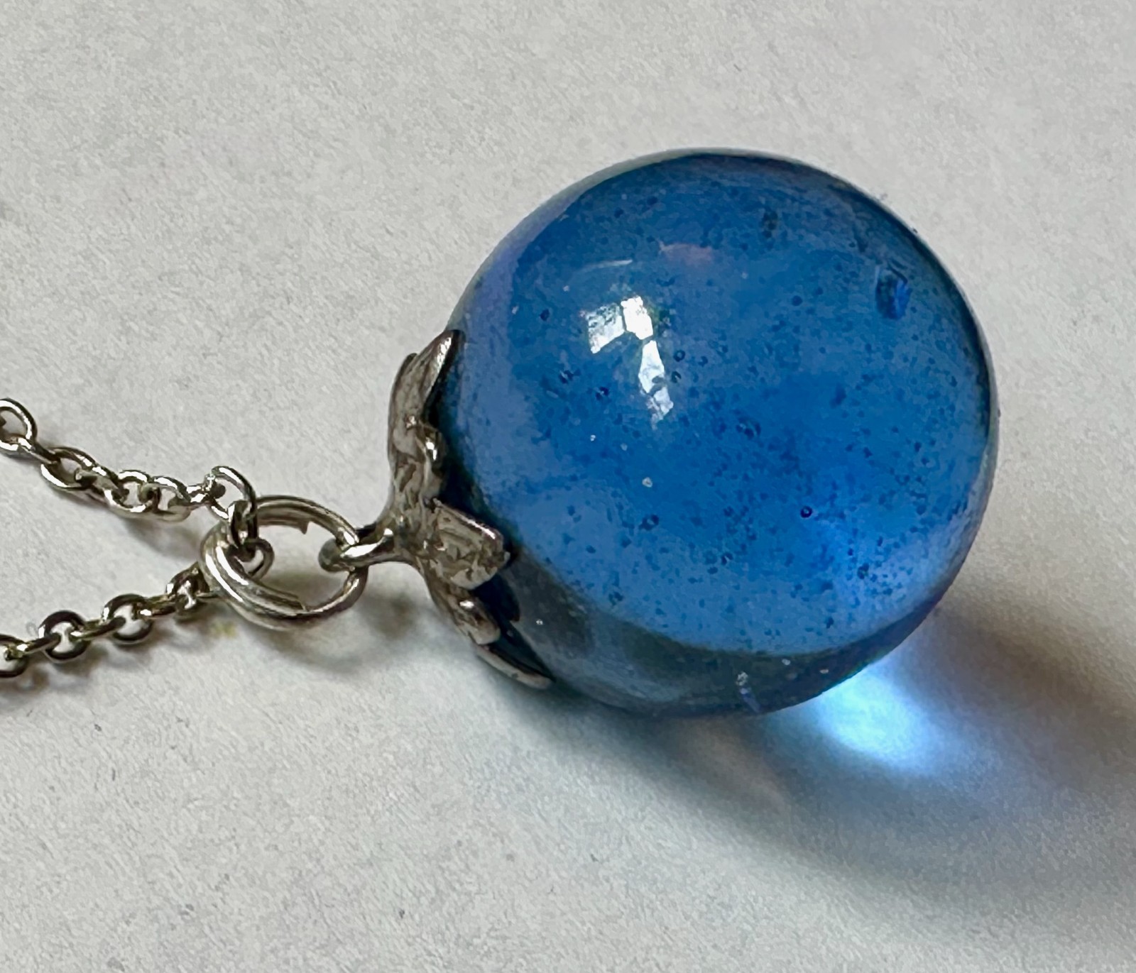 Vintage ORB BLUE GLASS CHARM pendant 1″ necklace 24″ STAINLESS STEEL Last one