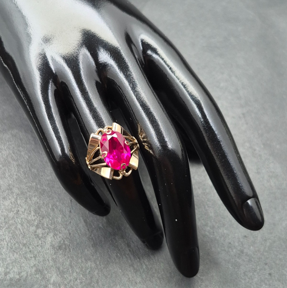 Vintage Soviet 14K Rose Gold Ring 583 with Ruby Stone • Original USSR Jewelry