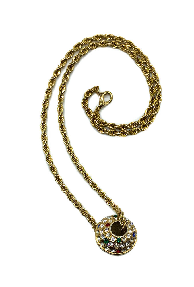 Vintage Big Gold Plate Crystal Rhinestone Ball Slide Rope Chain Necklace 24″