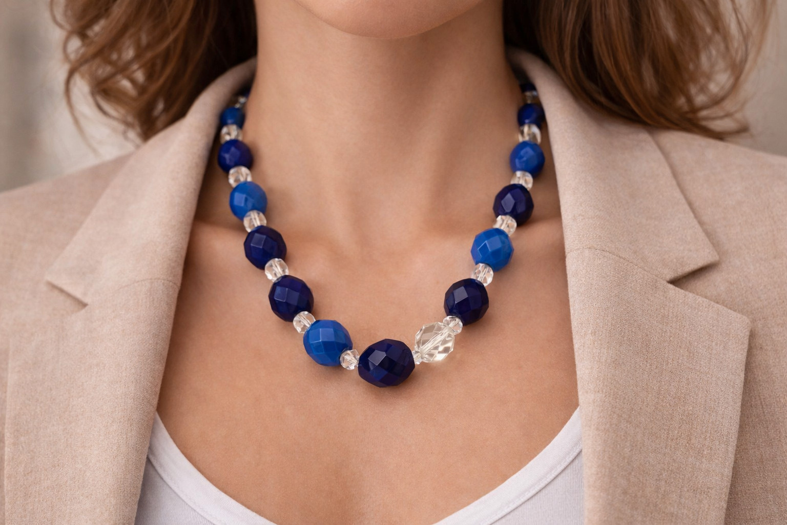 Blue Clear Faceted Acrylic Bead Necklace 25 In Chunky Statement Gold Tone Clasp