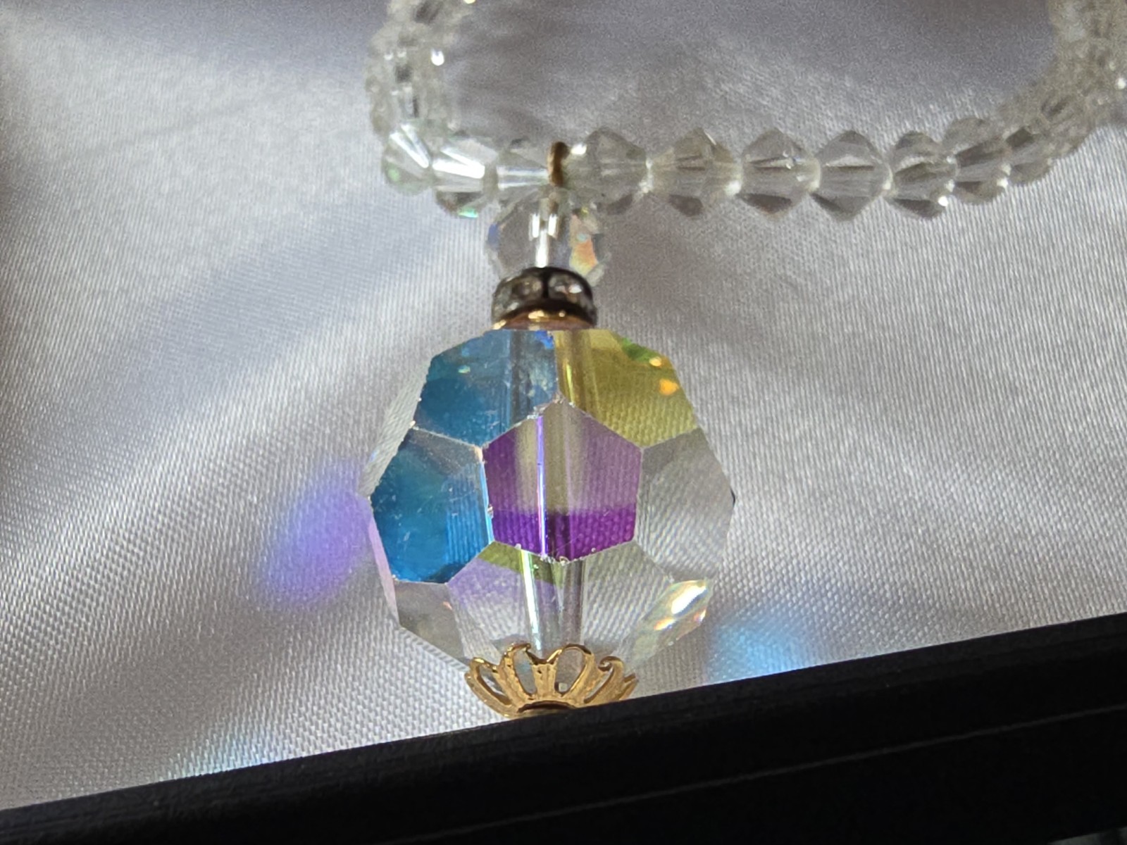 CZECH AURORA BOREALIS CRYSTAL BALL w CRYSTAL CHAIN PENDANT NECKLACE☆FILIGREE CAP