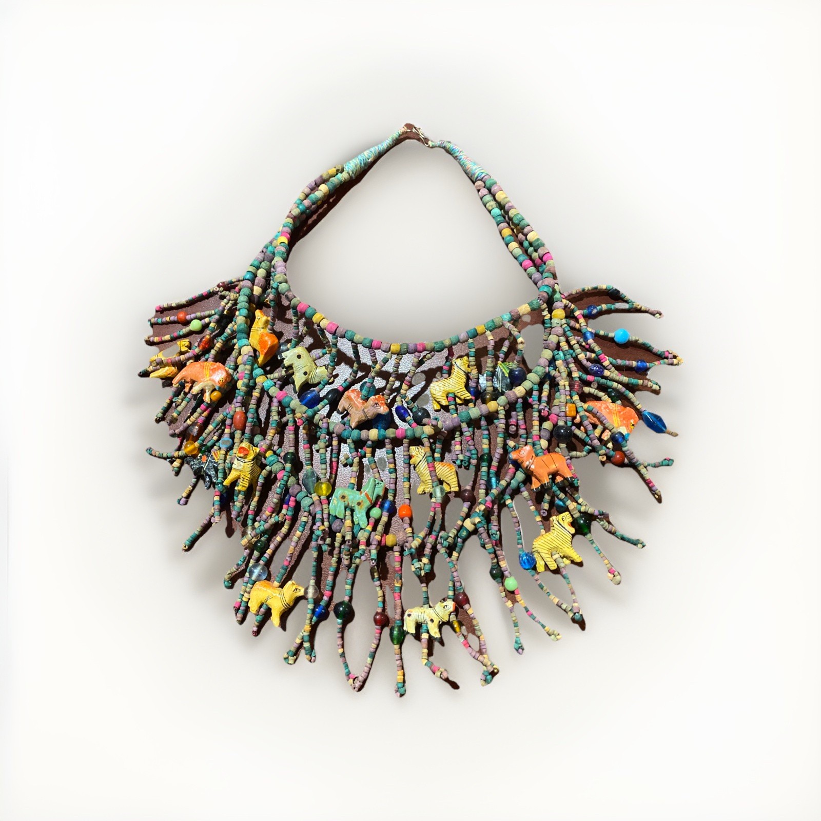 BOHO African Multi Strand Statement Necklace Wooden Carved Animals Fringe Beads