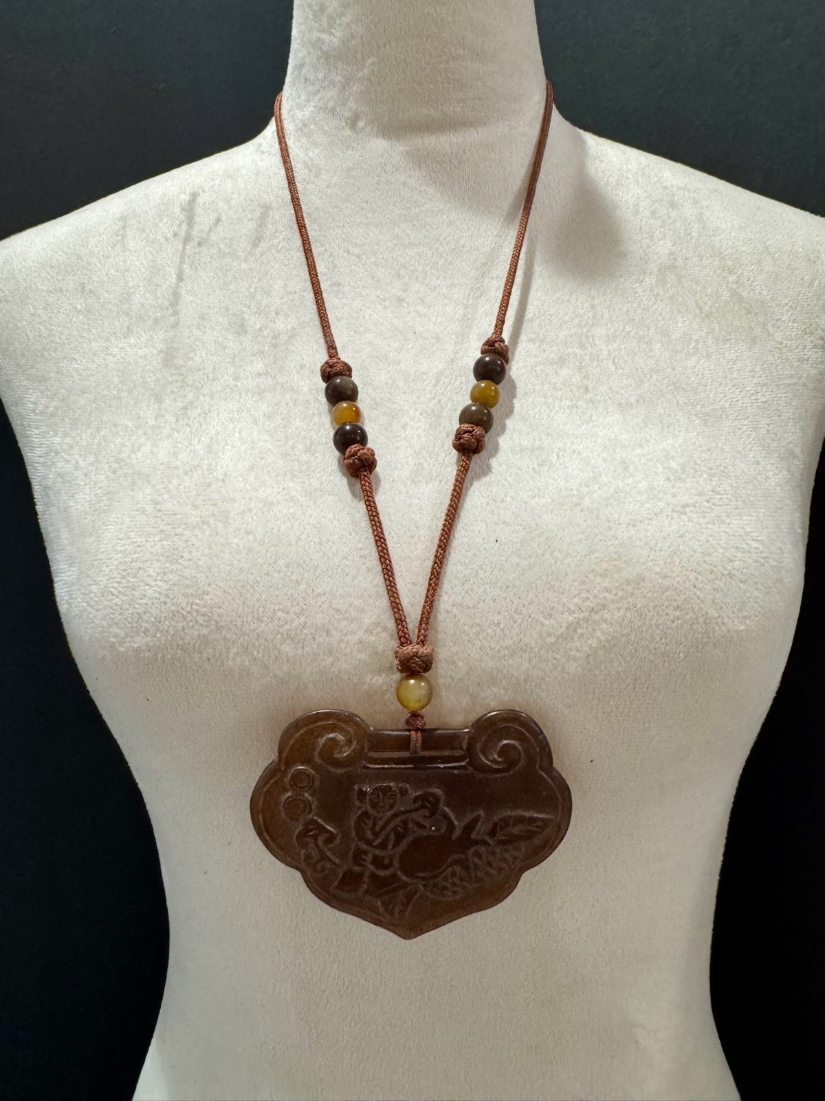Lot of 3 Vintage Asian Style Pendant Necklaces Cloisonne Jade Look Cinnabar Styl