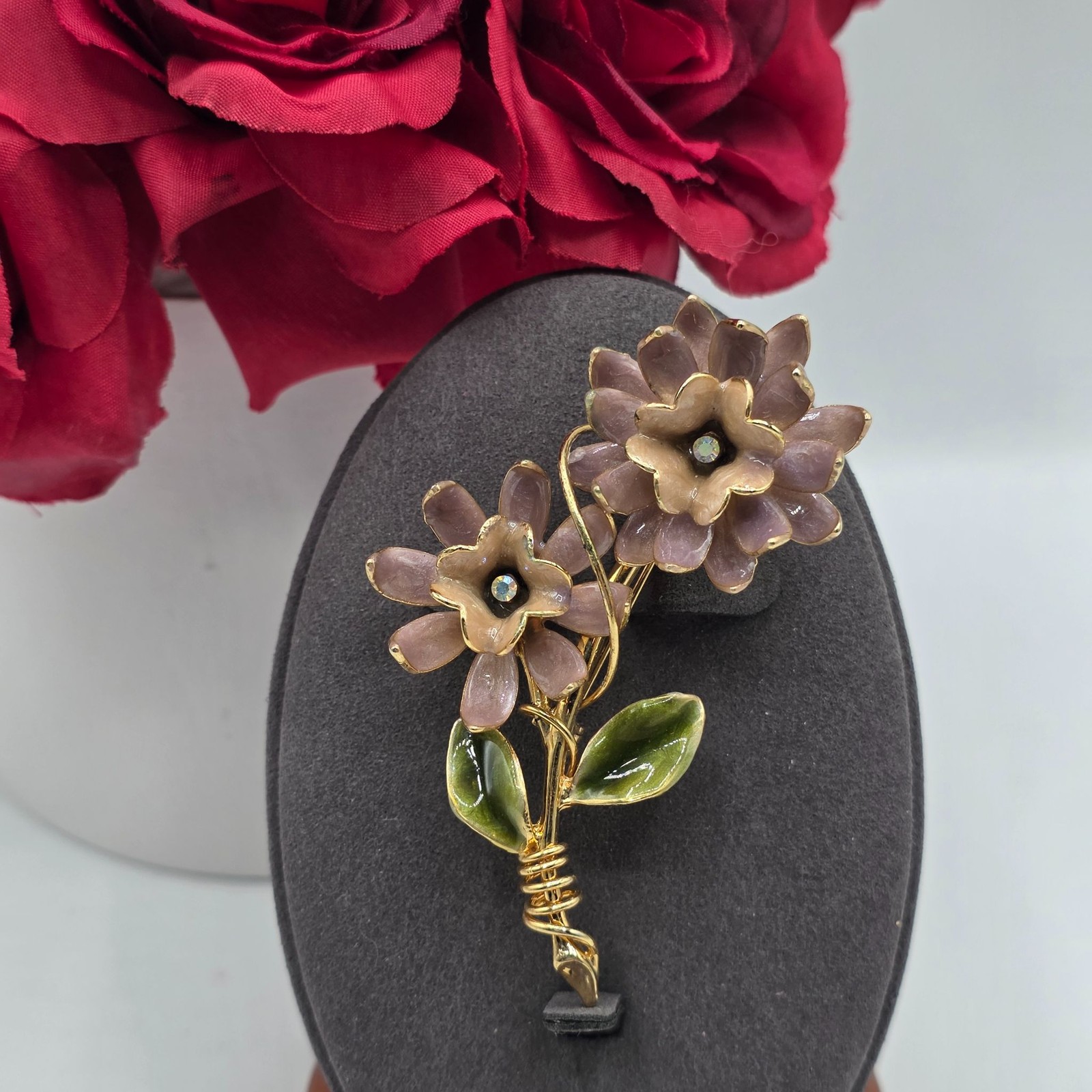Vintage Enamel Flower Brooch Gold Tone Two Tone Petals Rhinestone Accent Jewelry