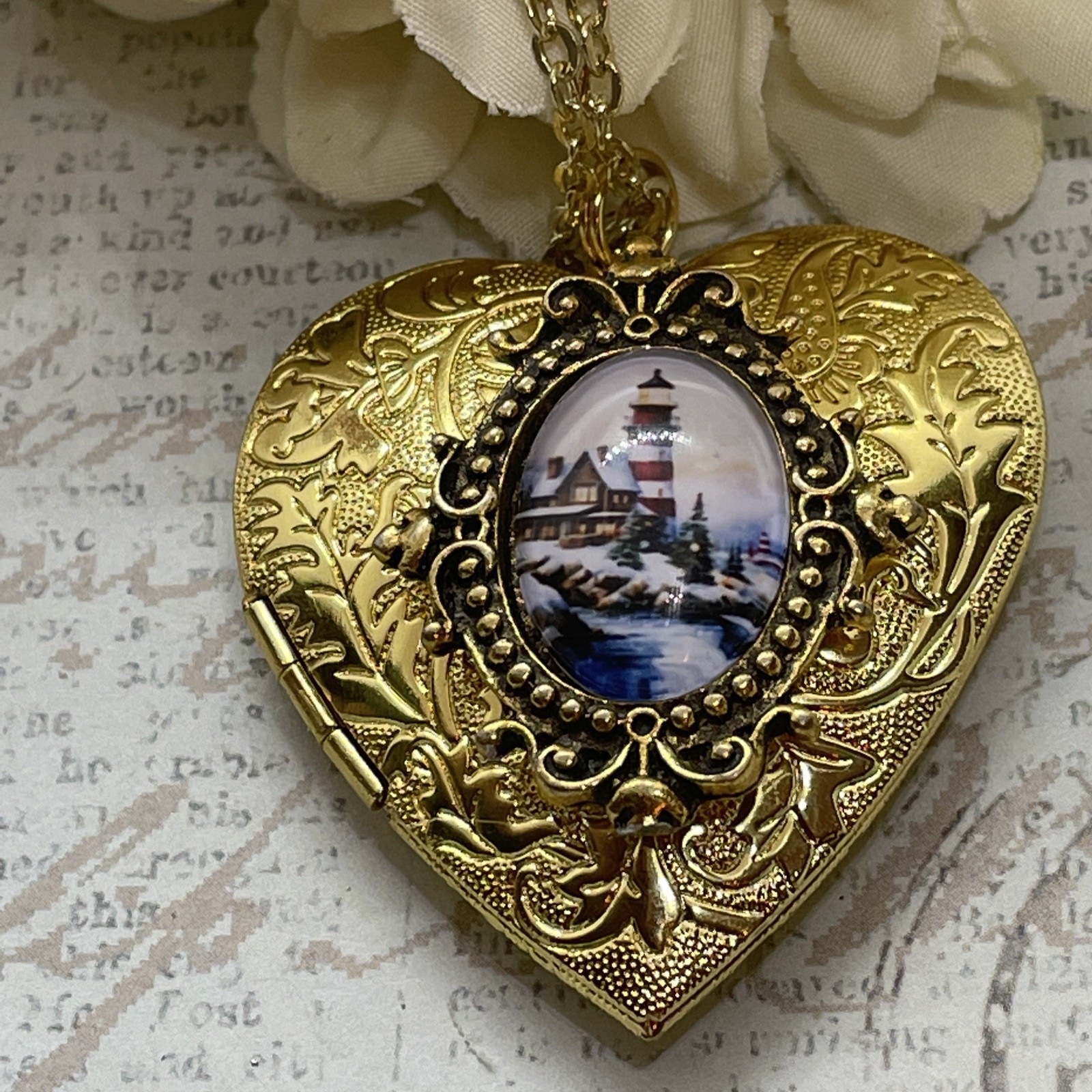 Gold Heart Locket Photo Lighthouse Cottage Sailor Birthday Anniversary Necklace