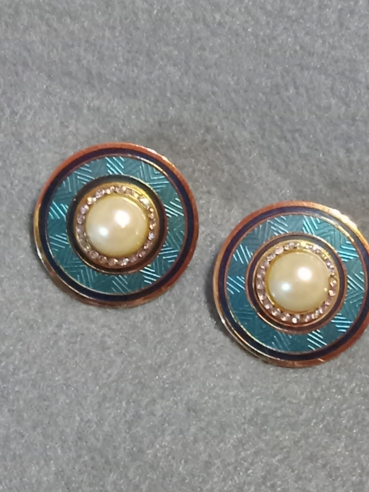 Vintage Earrings Signed Nuri Blue Enamel,”Neo Deco” Design Faux Pearl Rhinestone