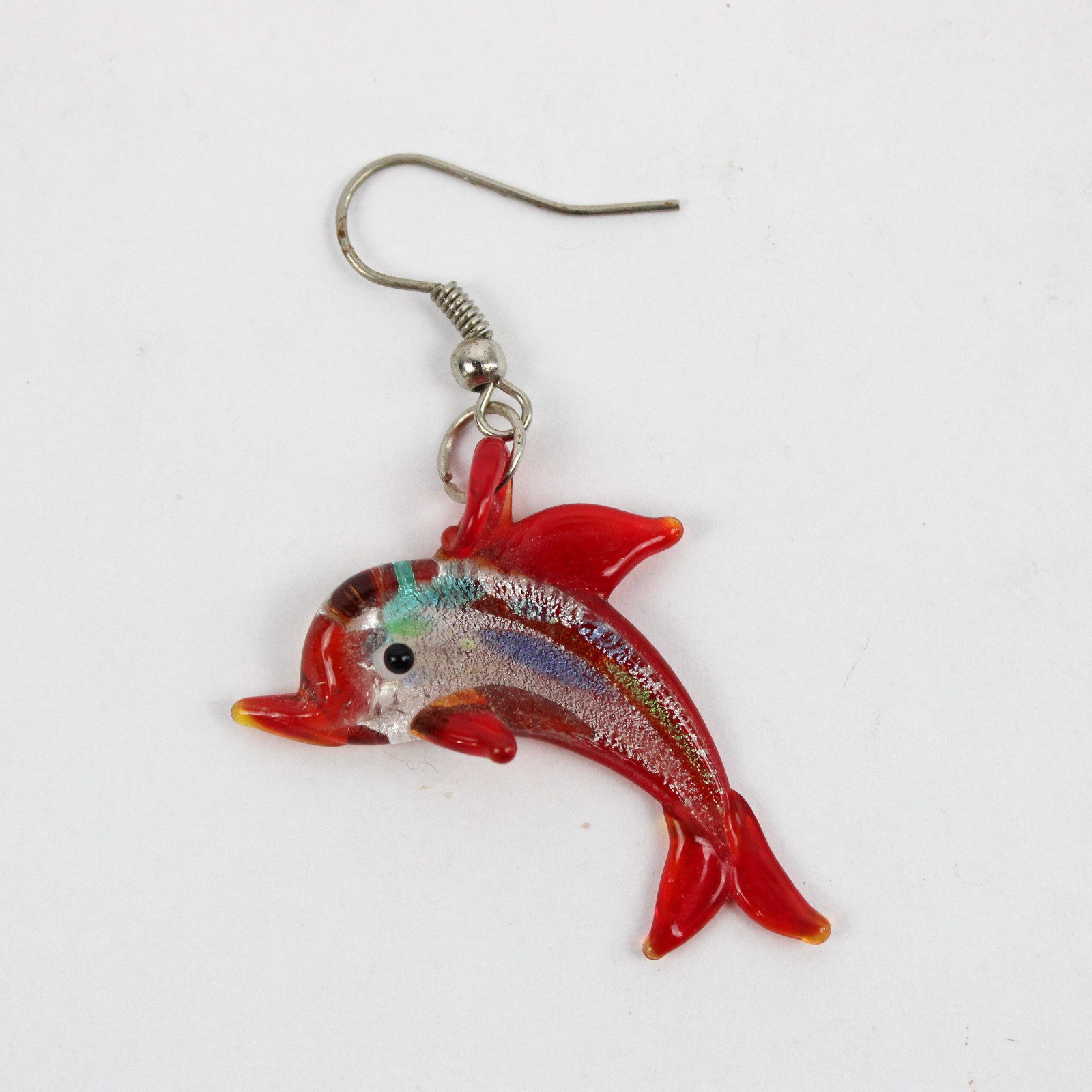 Handblown Glass Orange Dolphin Dangle Drop Earrings 1.5″