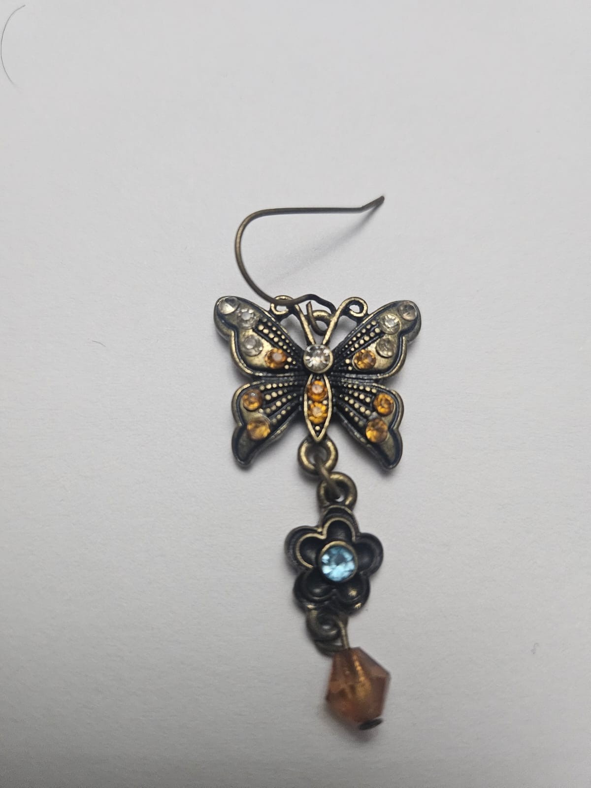 Vintage Butterfly Dangle Earrings Bronze Tone Rhinestone Flower Charm Earrings