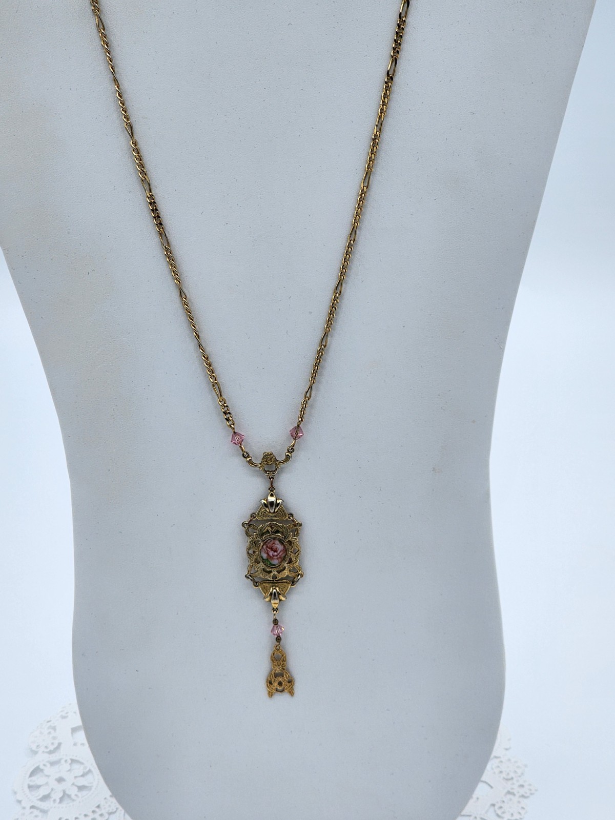 1928 Victorian Deco Porcelain Rose Pink Crystal Pendant Necklace 23″
