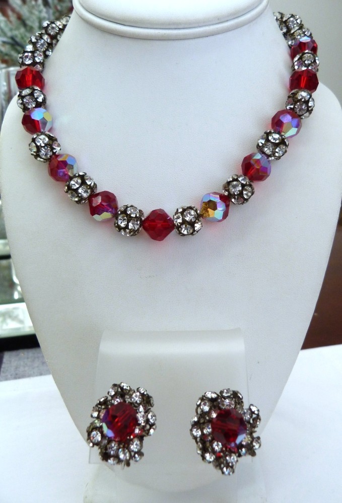 VINTAGE DALSHEIM RHINESTONE SPHERES RED CRYSTAL AB BEADS NECKLACE EARRINGS SET