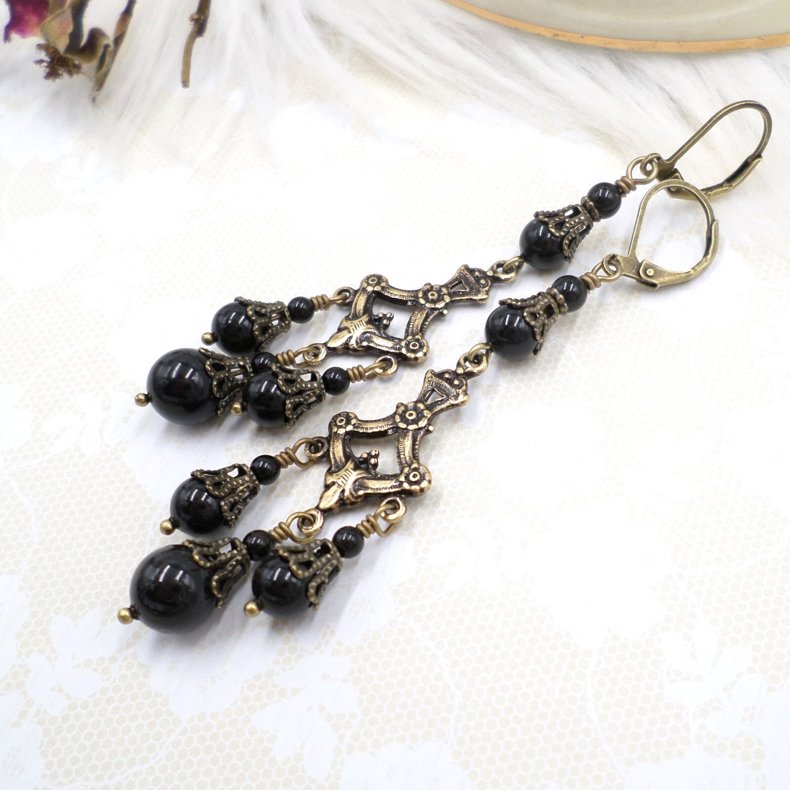 Victorian Mourning Earrings Jet Black Glass Bead Chandelier Filigree Handmade