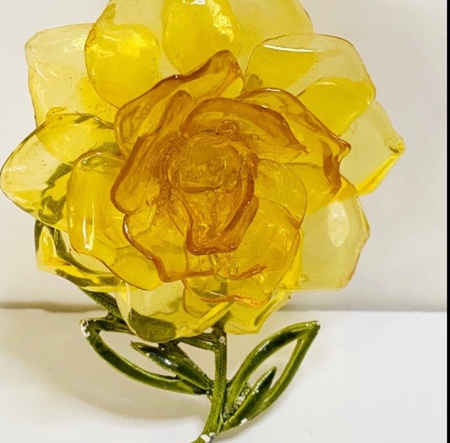 Vintage Enamel Flower Pin 3D Cellulose Acetate Yellow Rose