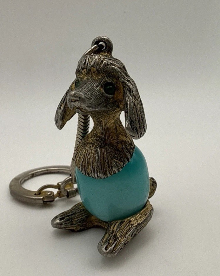 Vintage EDLEE Jelly Belly Poodle Keychain Turquoise Blue Bead Dog Mid-Century