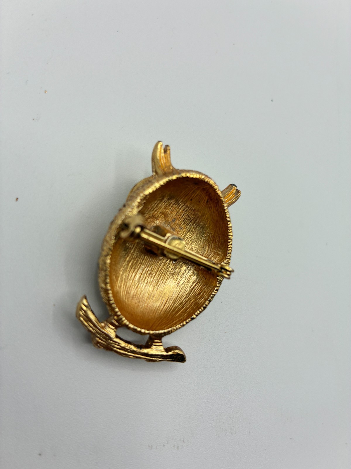 Vintage Gold Tone Owl Brooch Pin Rhinestone Green Eye Gems Mid Century