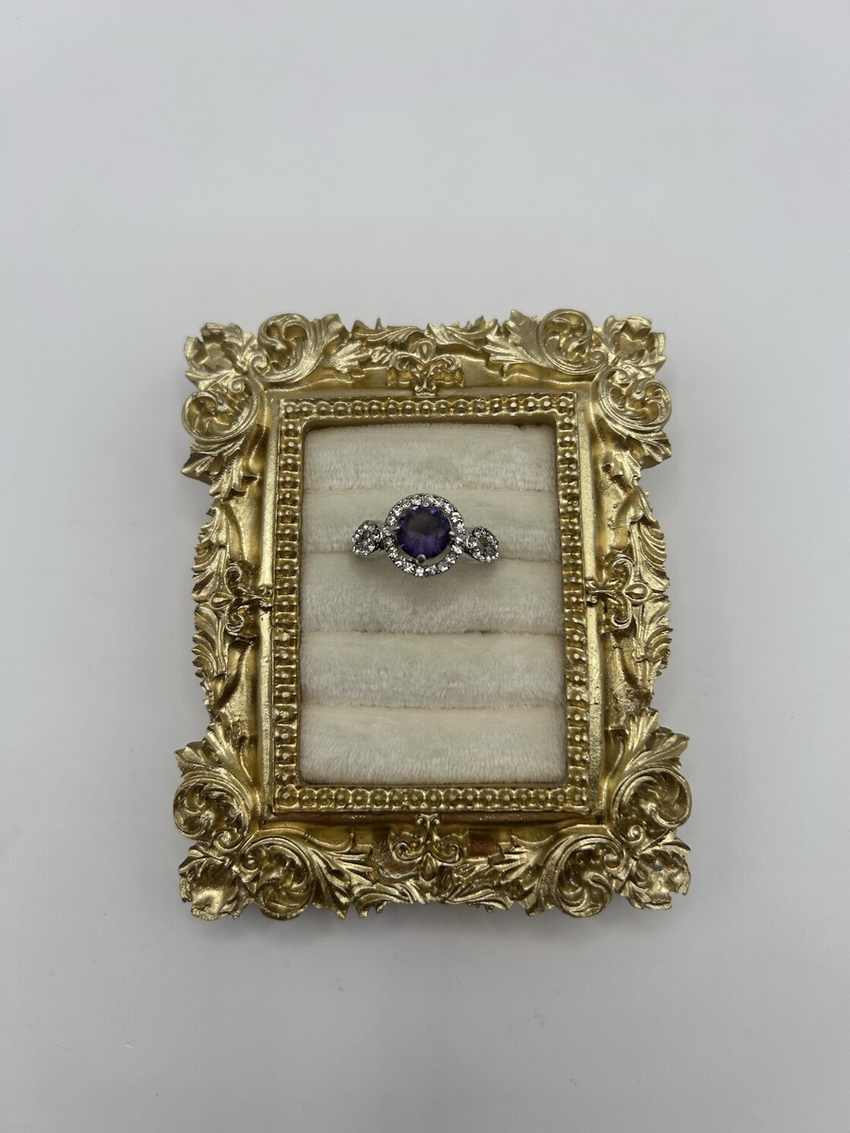Silver Tone Purple Amethyst Halo Statement Ring Size 8.5 Vintage Costume Jewelry