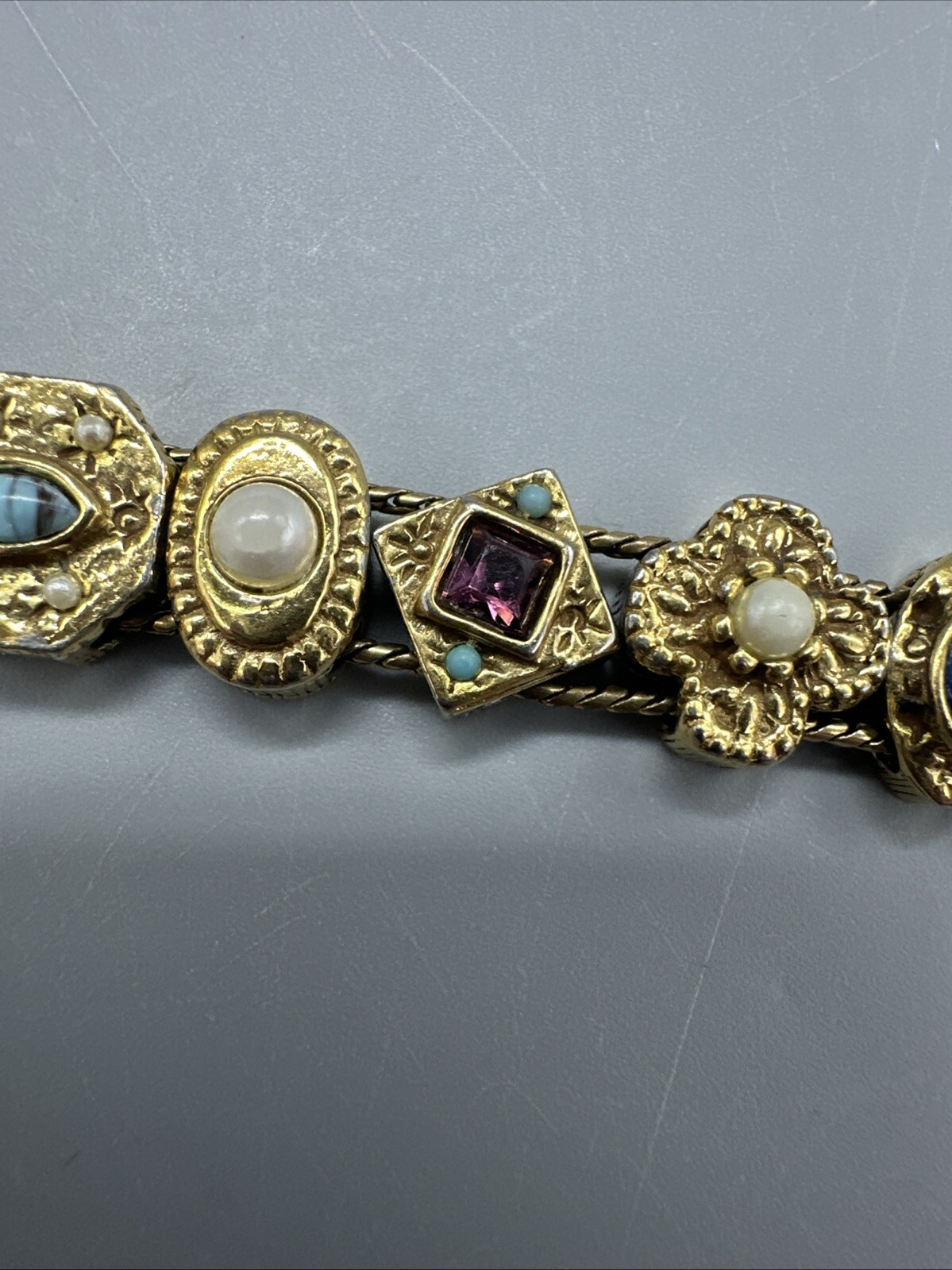 Vintage Signed Goldette NY Multiple Gemstones Safety Chain Slide Charm Bracelet
