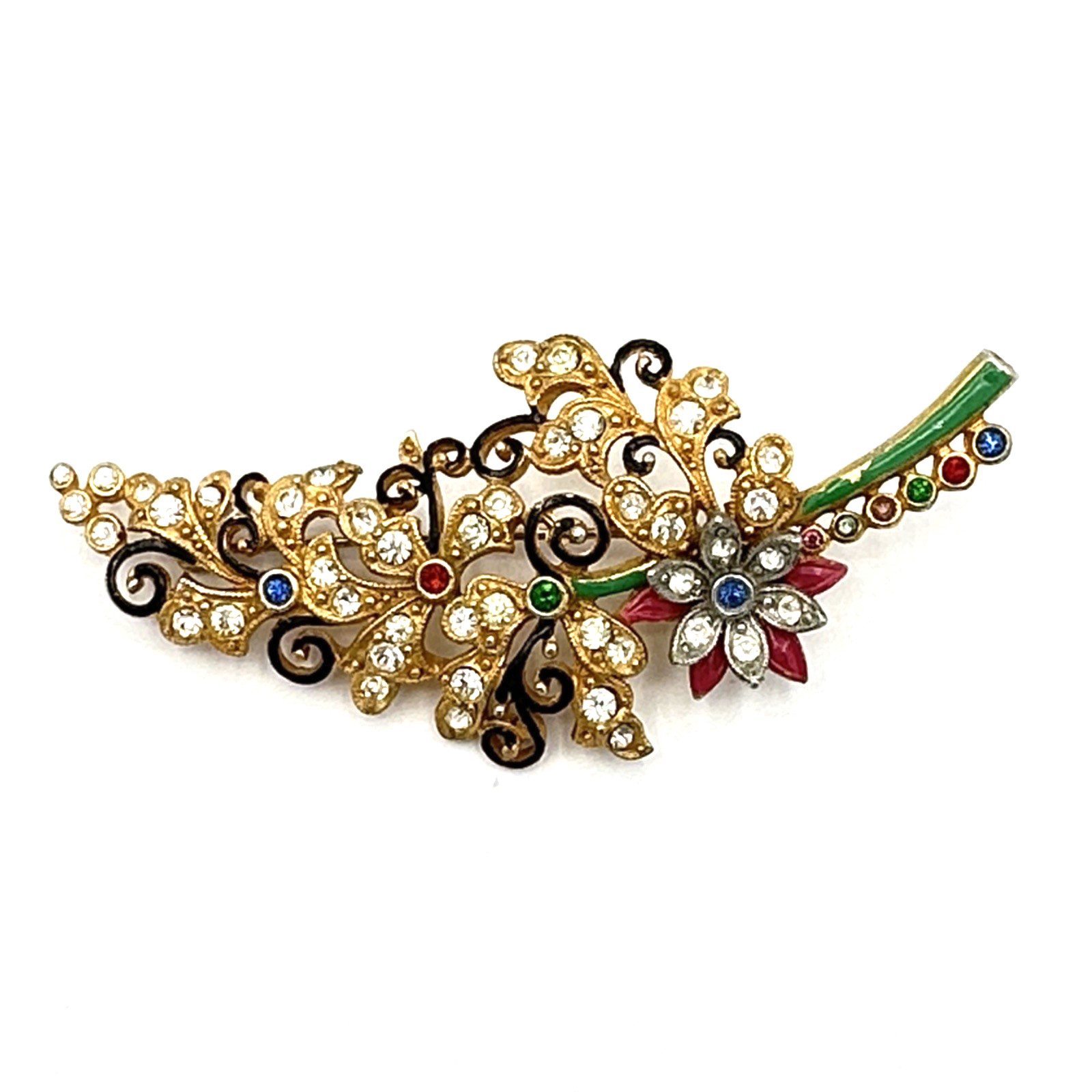 FLORAL SPRAY vintage brooch – 1940s pot metal enamel & rhinestone pin – colorful