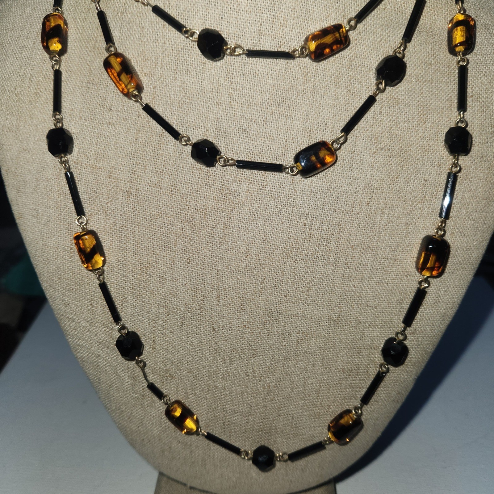 Glass Beaded Long Station Necklace Gold Tone 25in