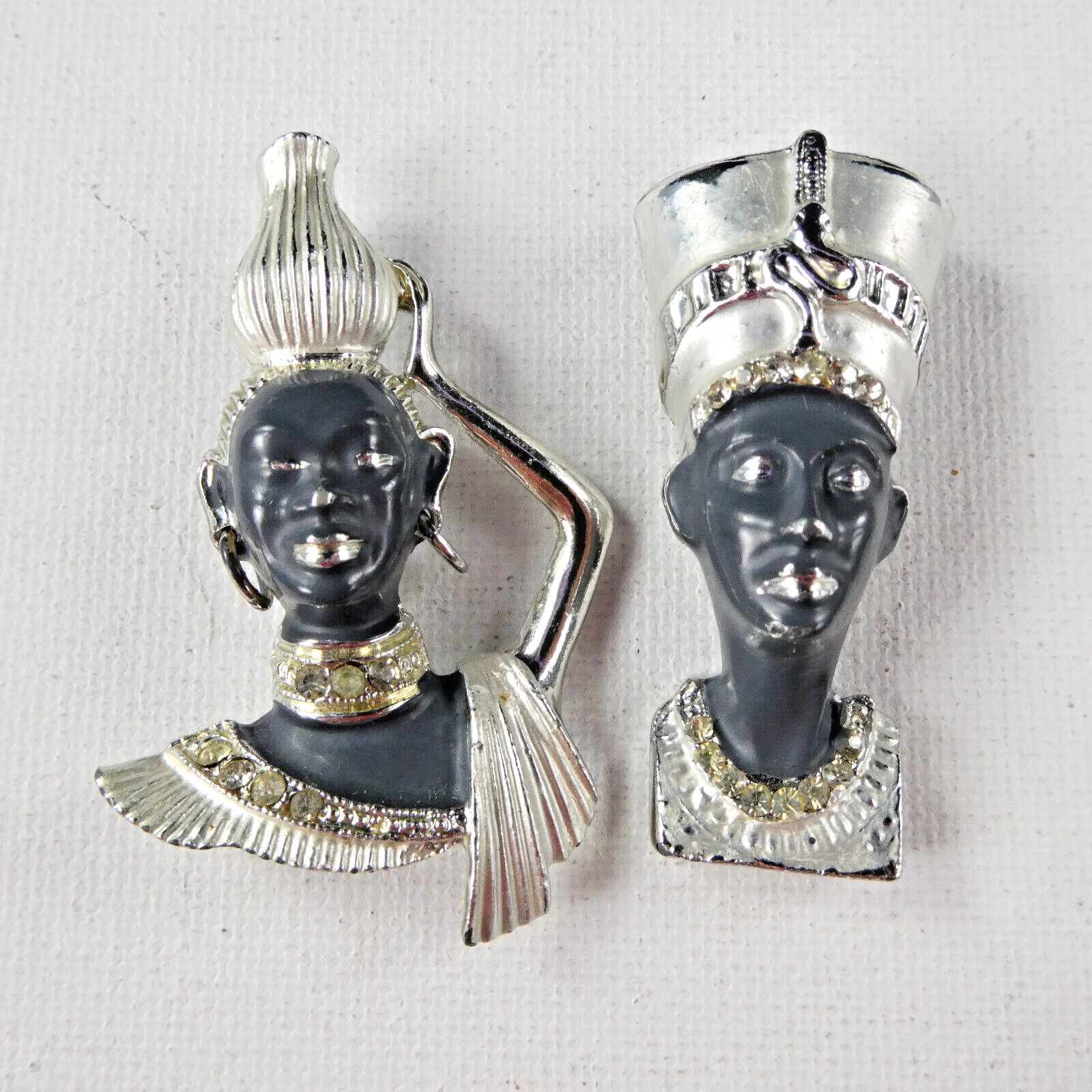 Vintage African Ethnic Pair Pin Brooch Set of 2 Gray Enamel Faces Crystal
