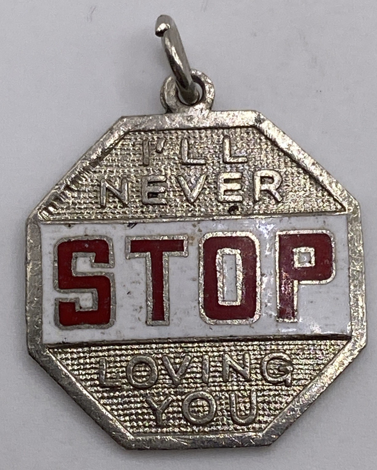 Sterling Silver “I’ll Never Stop Loving You” Red Stop Sign Charm 3.7g 1”