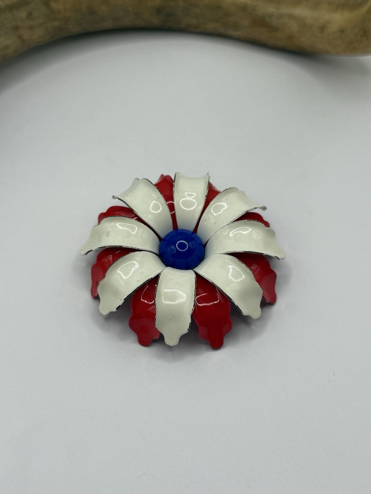 Vintage MCM Red White Blue Enamel Flower Brooch Pin Patriotic 4th Of July