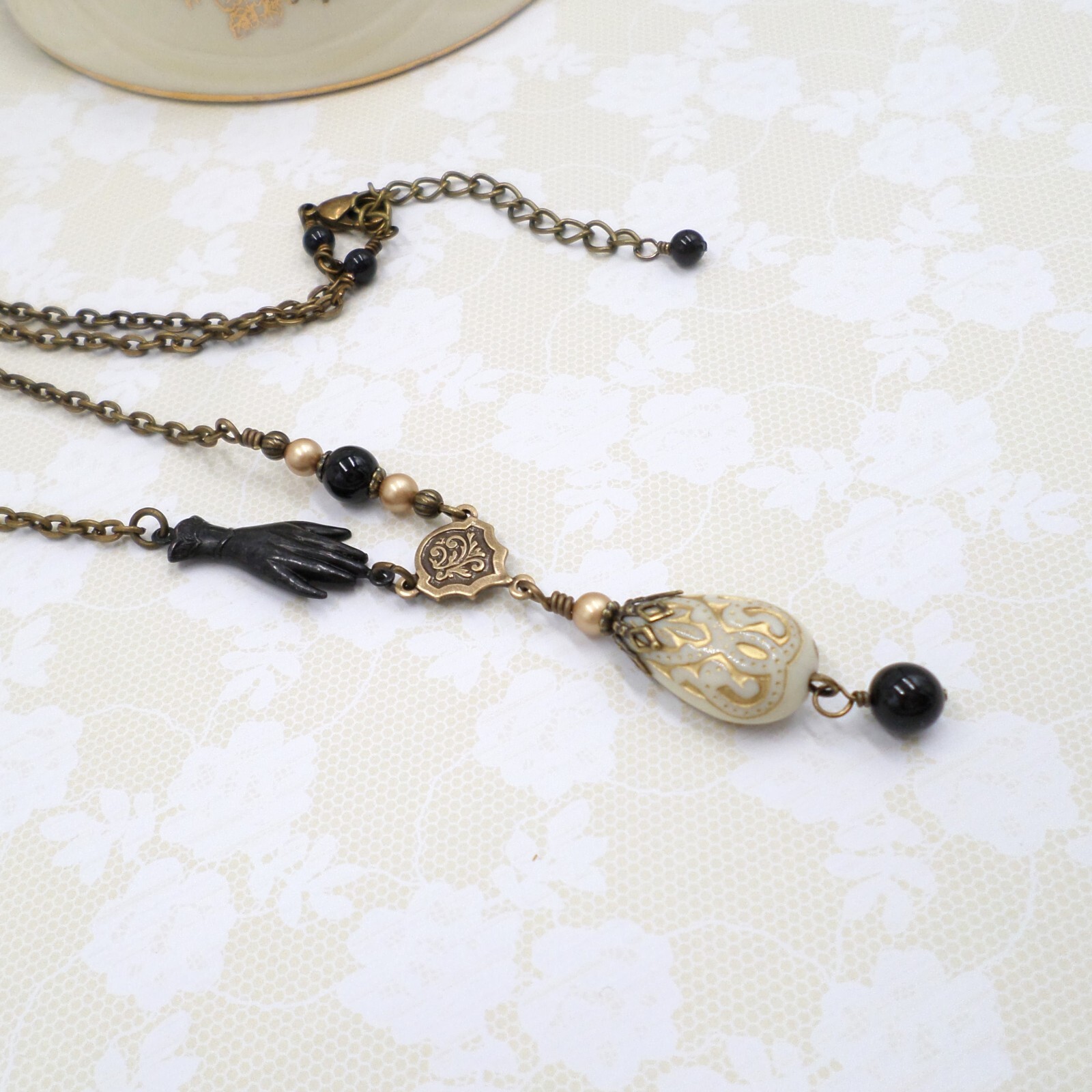 Victorian Reproduction Hand Necklace, Cream Black Gold Acrylic Metal Jewelry