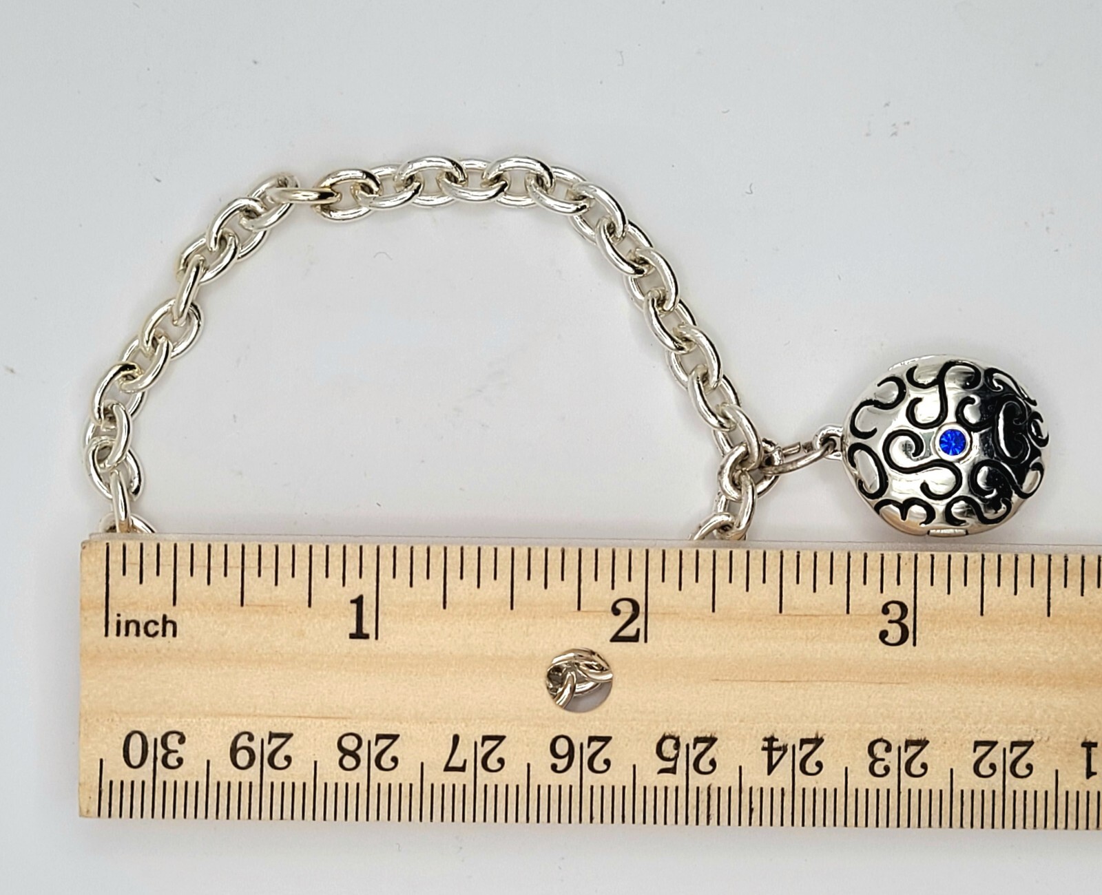 Vintage Silver Tone Chunky Chain Bracelet with Oval Enamel Locket & Blue Crystal