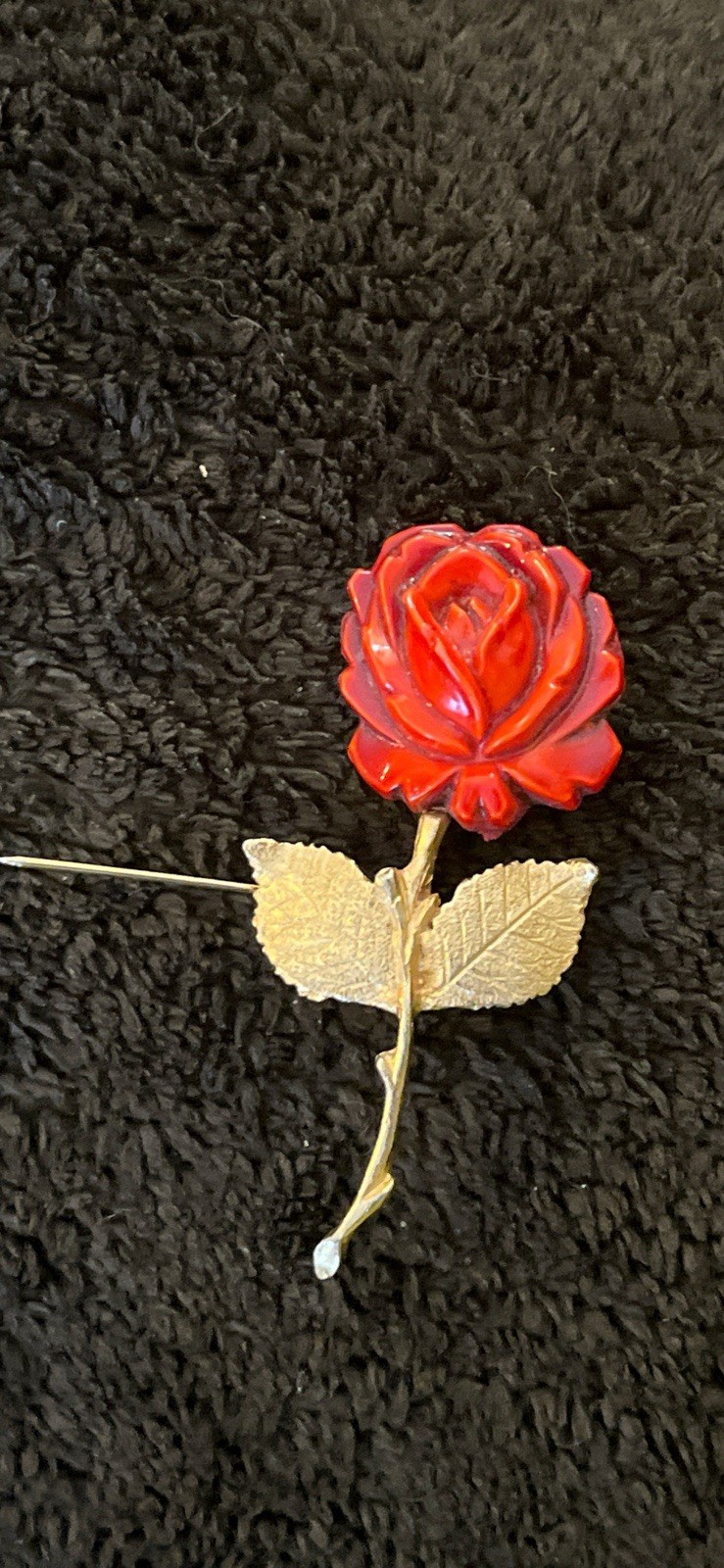 Vintage Estate Goldtone & Red Rose Stem Design Brooch with a face on the back